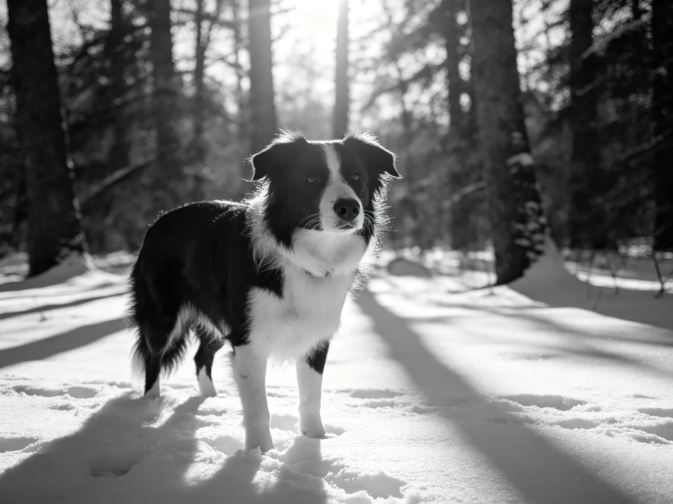 A black-and-white dog stands in a sunlit snowy forest.