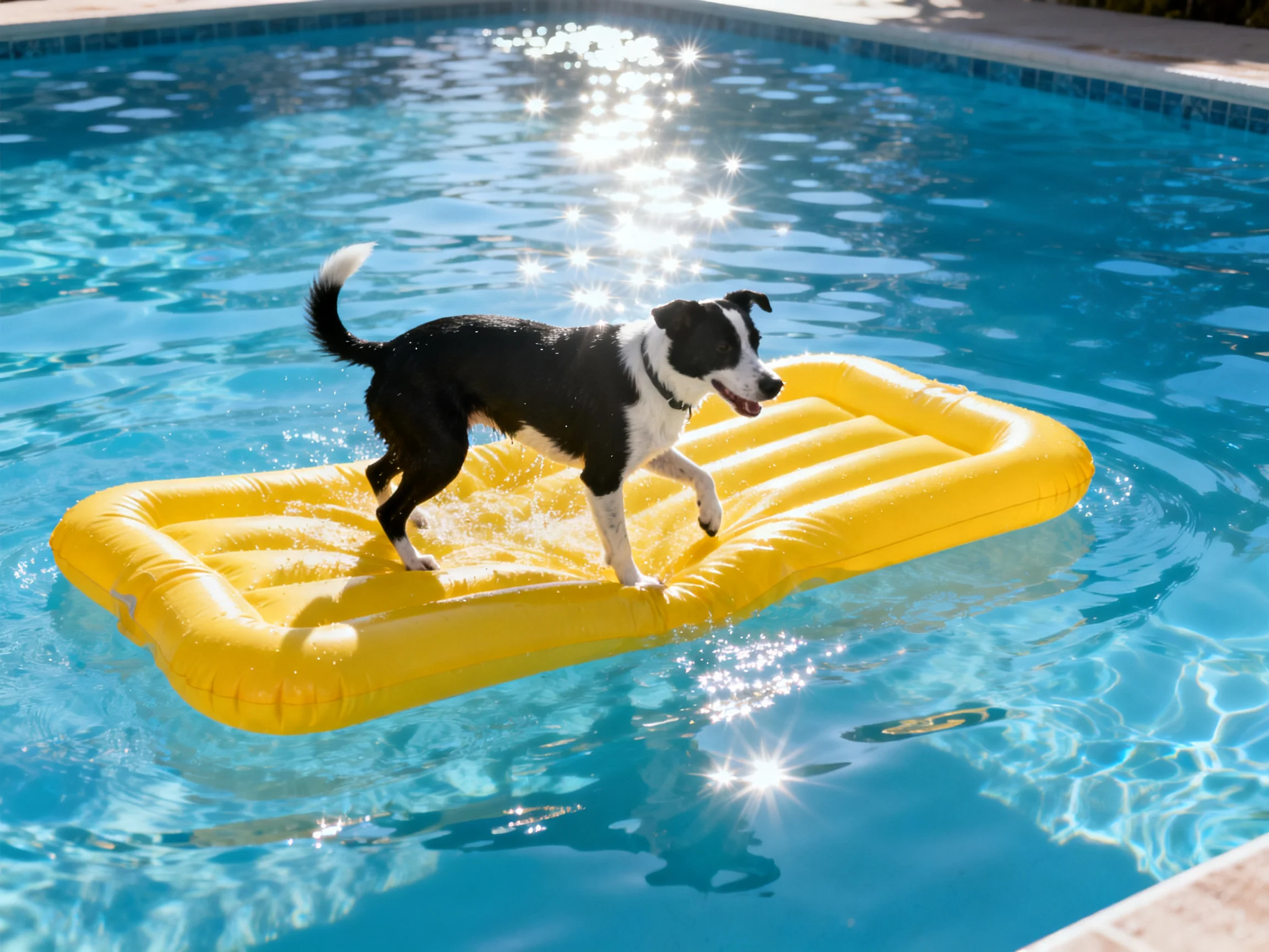 A black and white dog stands on a yellow raft in a swimming pool