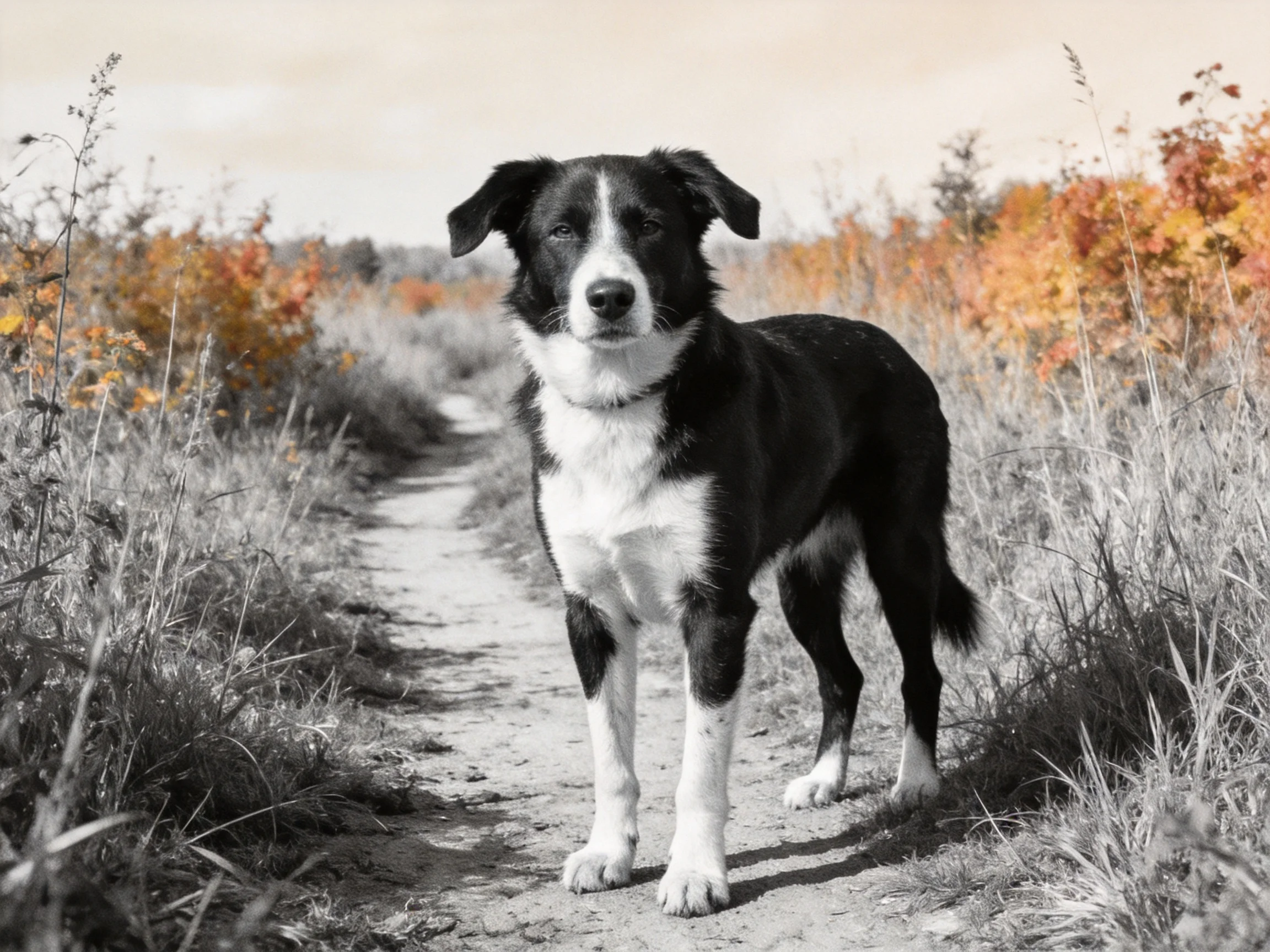 A black-and-white dog stands on a dirt path surrounded by autumnal plants.