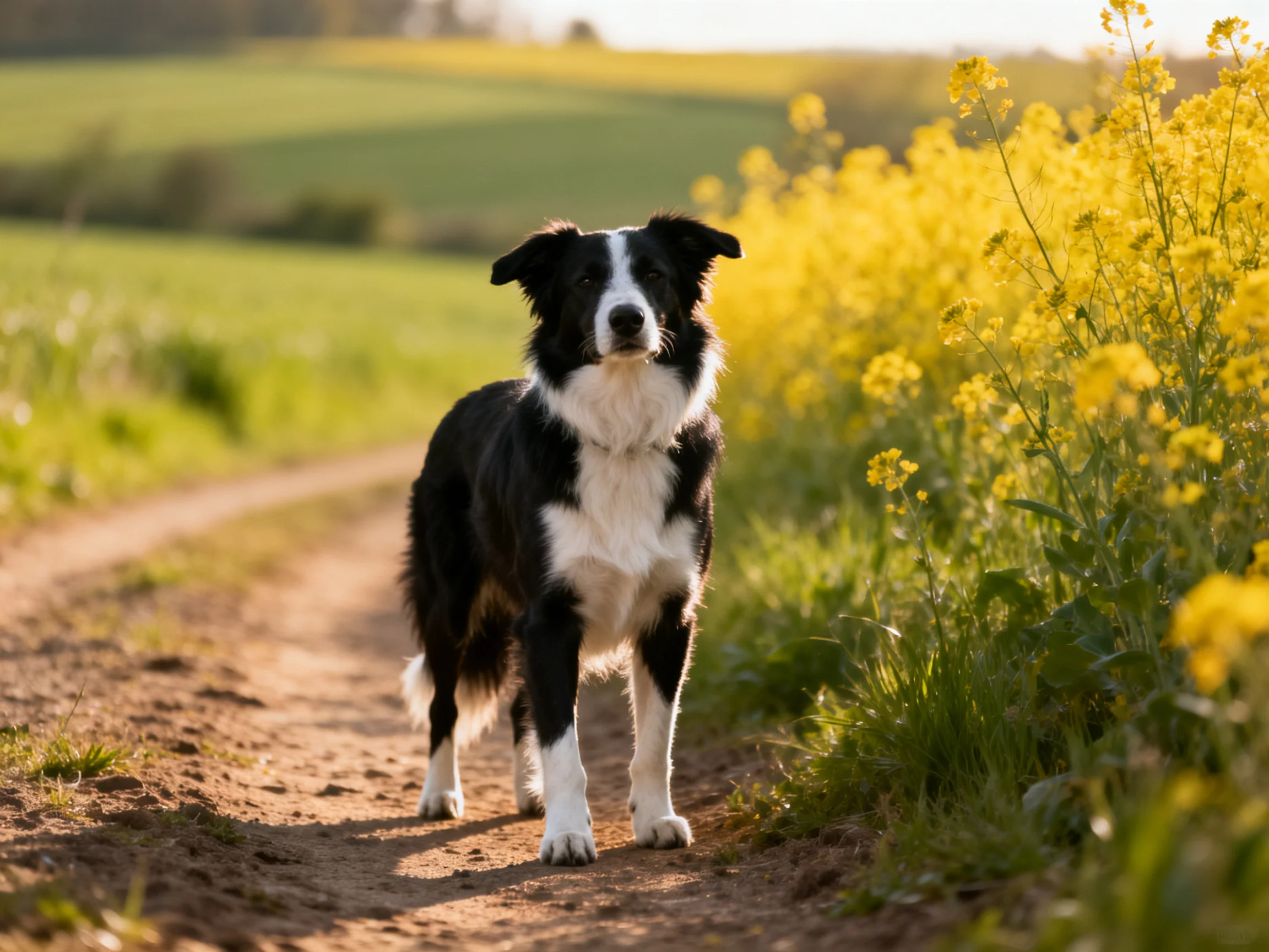 A black and white dog stands on a dirt path next to a field of yellow flowers.