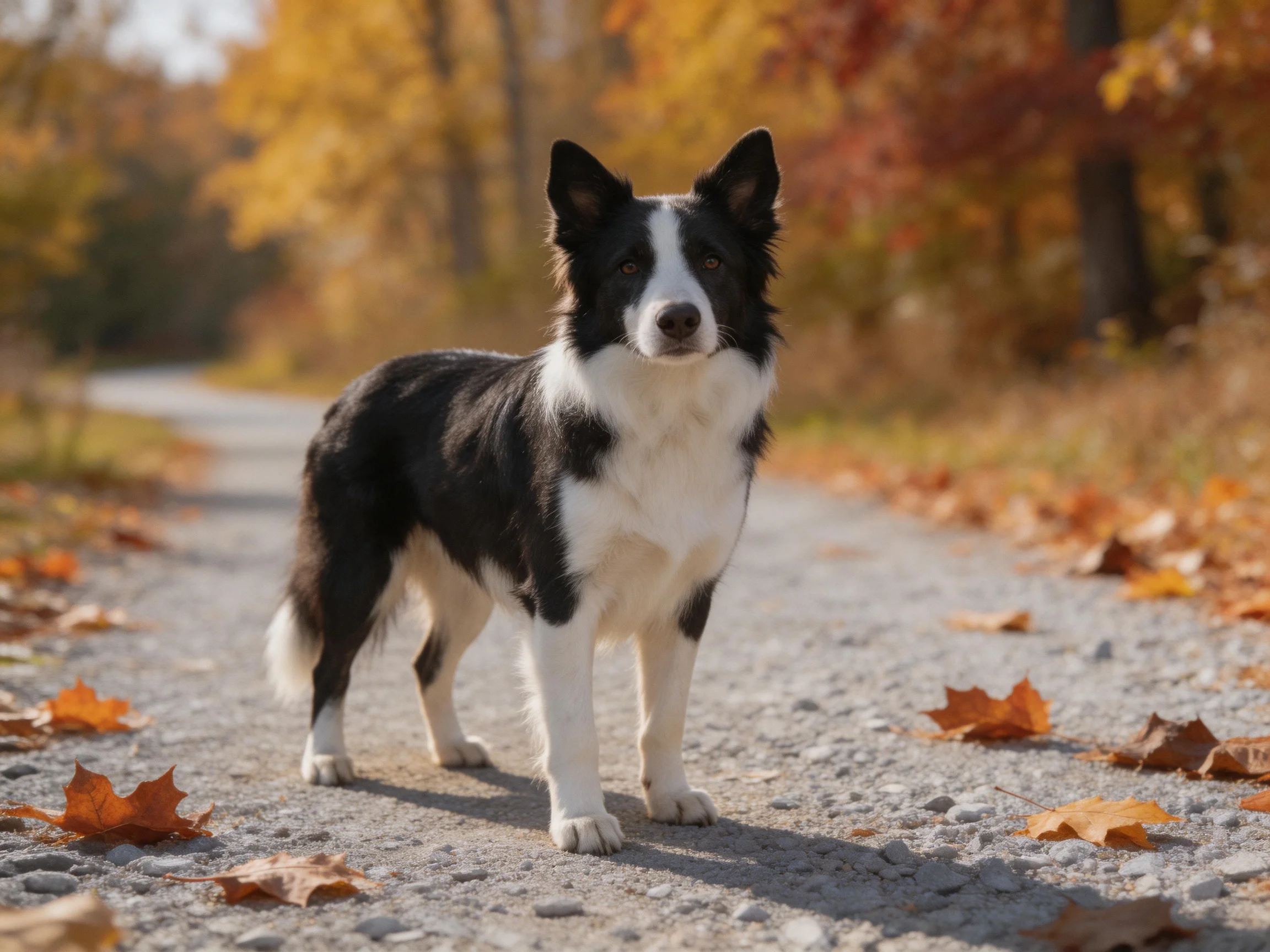 A black and white dog stands on a leaf-littered gravel path with autumn trees behind