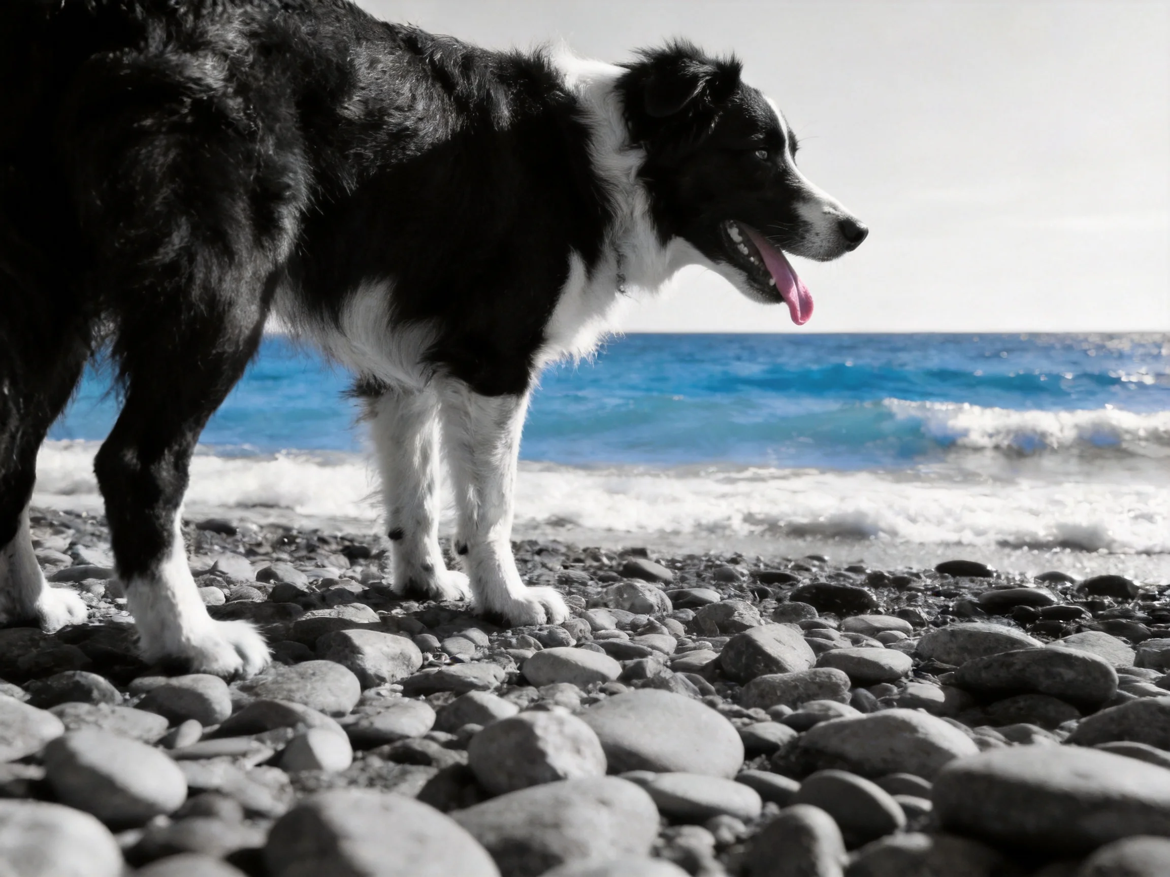 A black and white dog stands on a rocky beach near the ocean.
