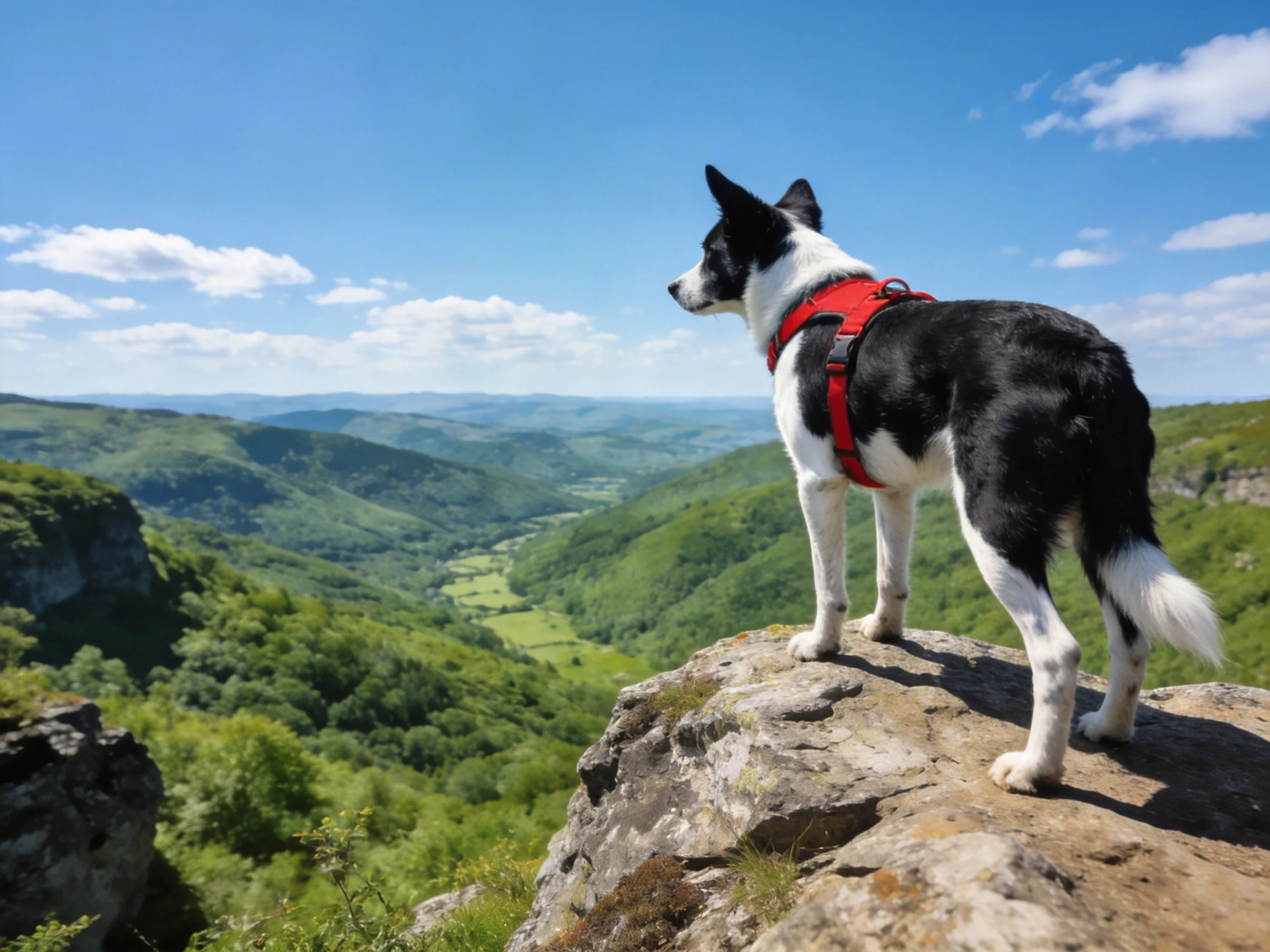 A dog in a red harness stands on a rocky outcrop overlooking green valleys