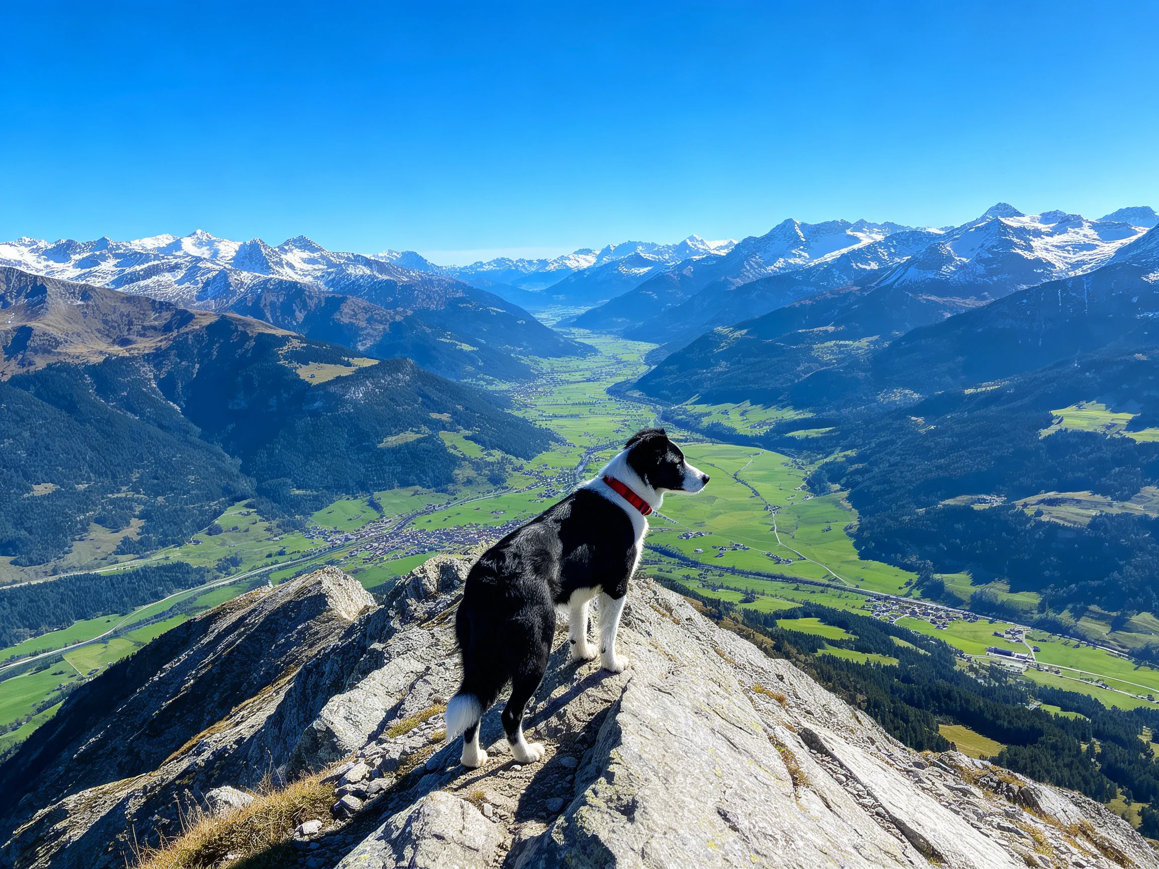 A black-and-white dog stands on a rocky mountain peak overlooking a green valley