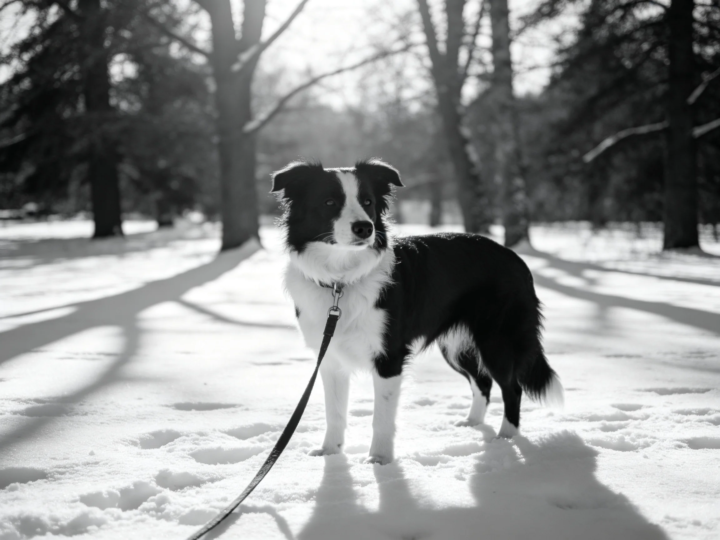 A black-and-white dog stands on a snowy path with trees in the background