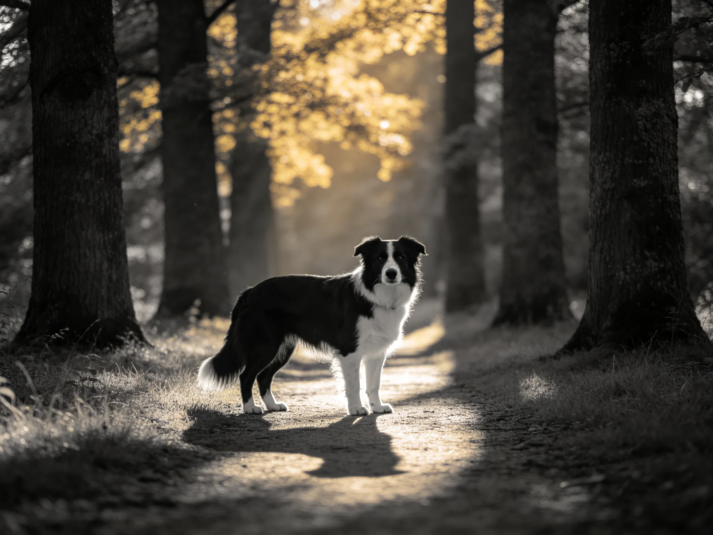 A black-and-white dog stands on a sunlit forest path amid tall trees