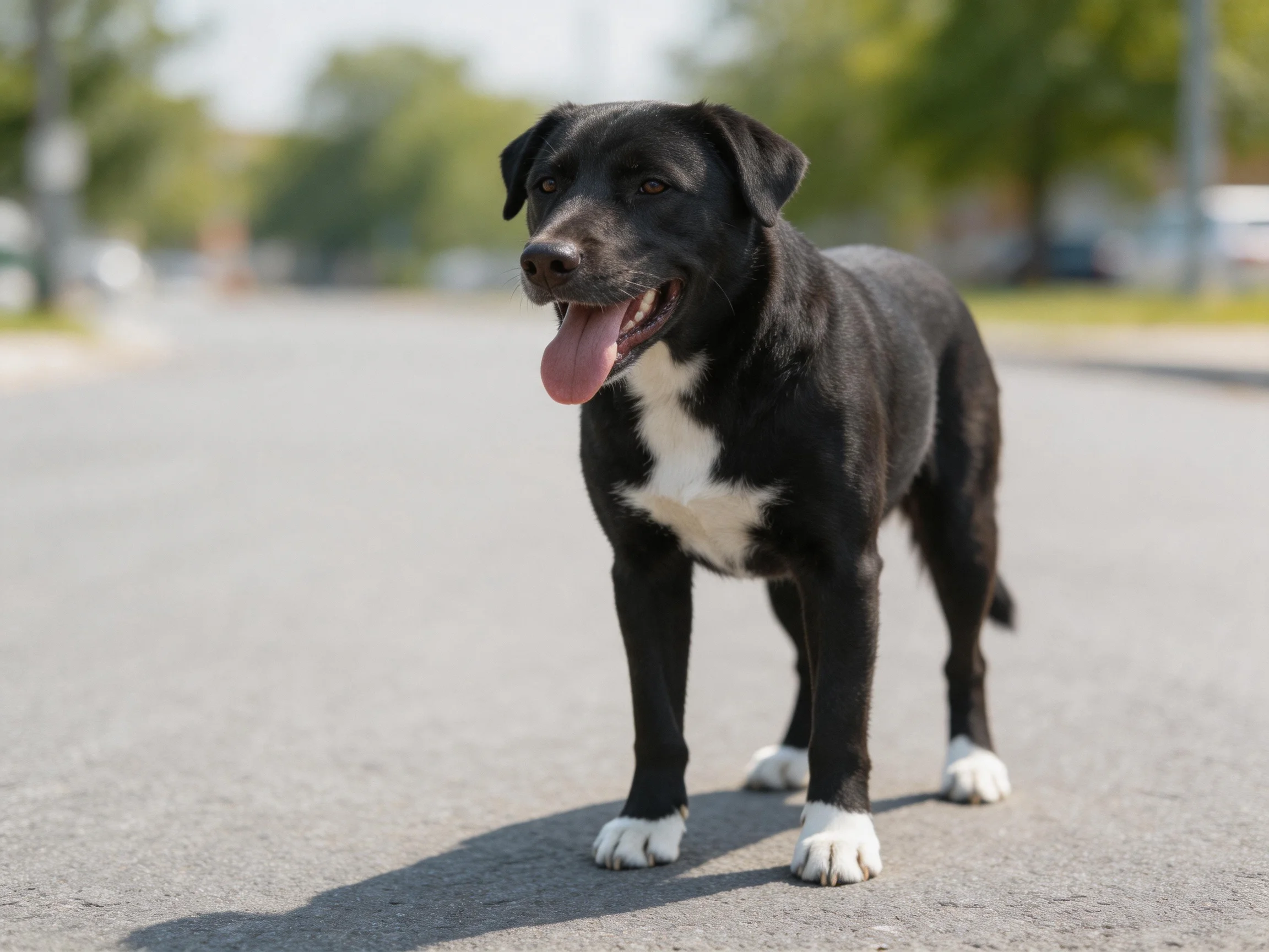A black and white dog stands on a sunny paved street.