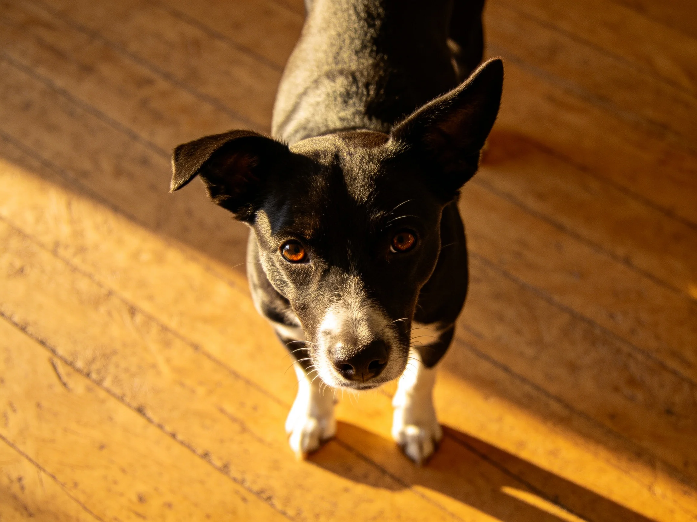 A black and white dog stands on a warm-toned wooden floor