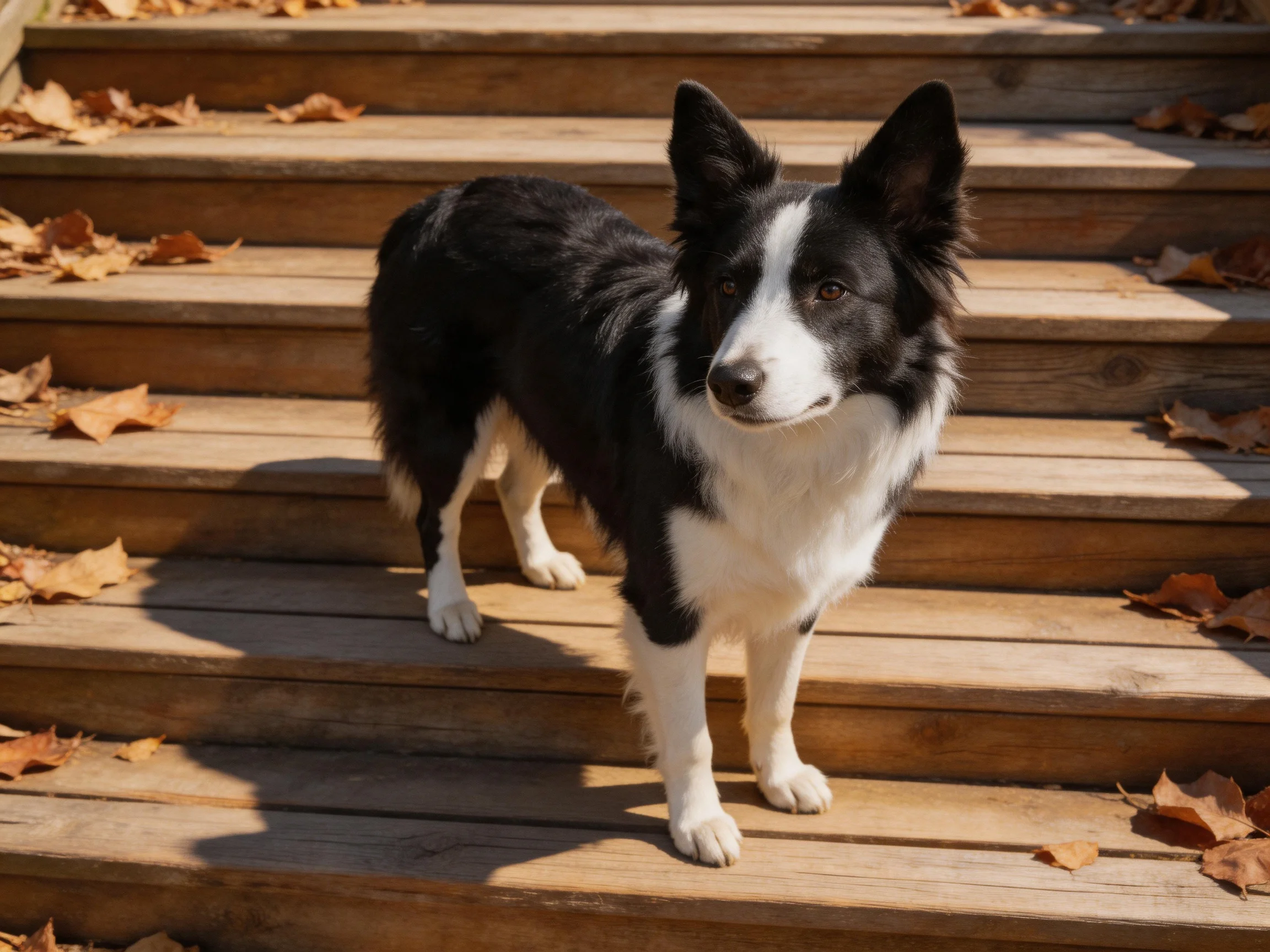 A black-and-white dog stands on wooden steps surrounded by fallen leaves