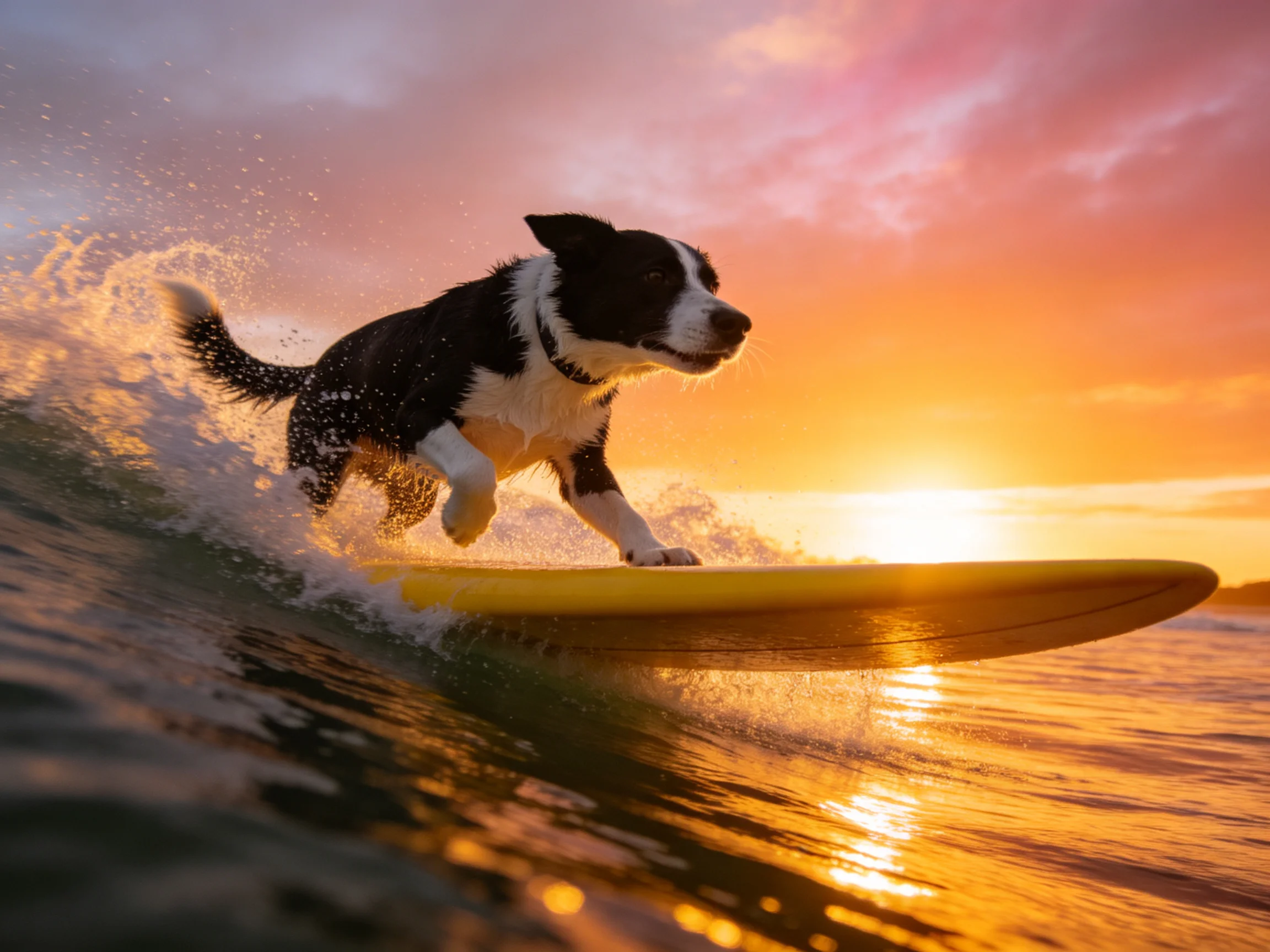 A black-and-white dog surfs a wave on a yellow board during sunset.