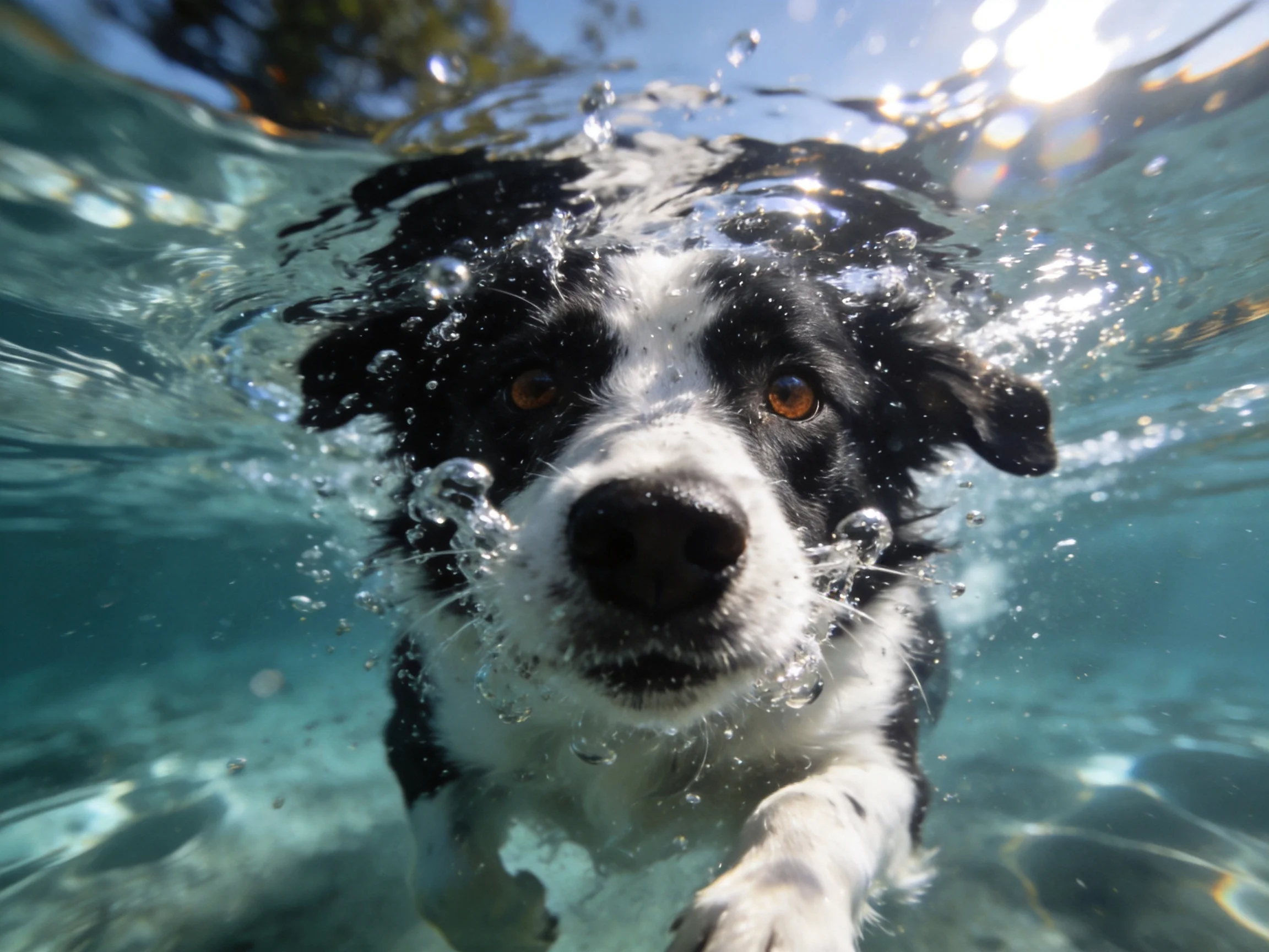 A black-and-white dog swimming in clear turquoise water
