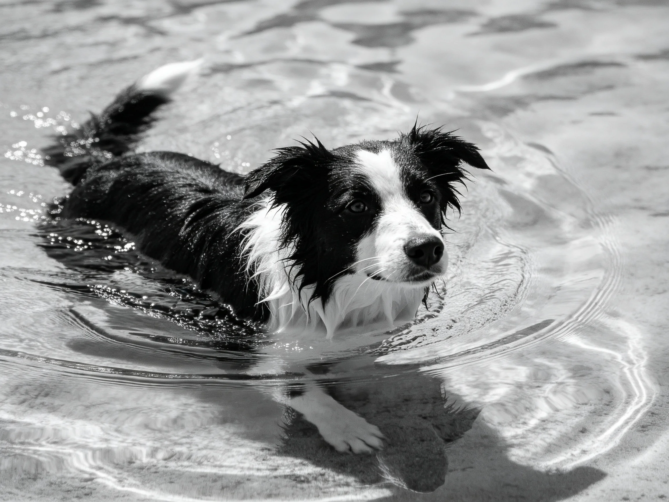 A black and white dog swims in calm water.