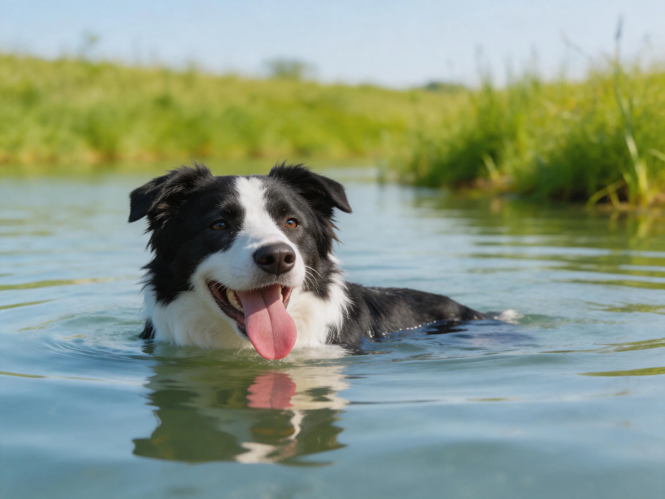 A black and white dog swims joyfully in calm water with greenery nearby.