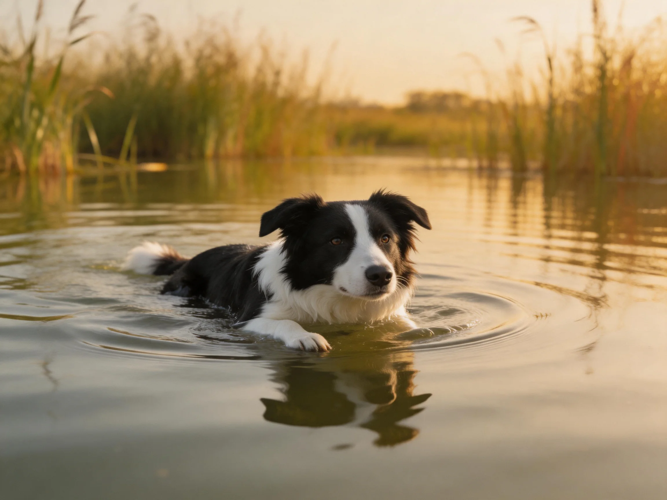 A black-and-white dog swims in calm waters near tall golden reeds