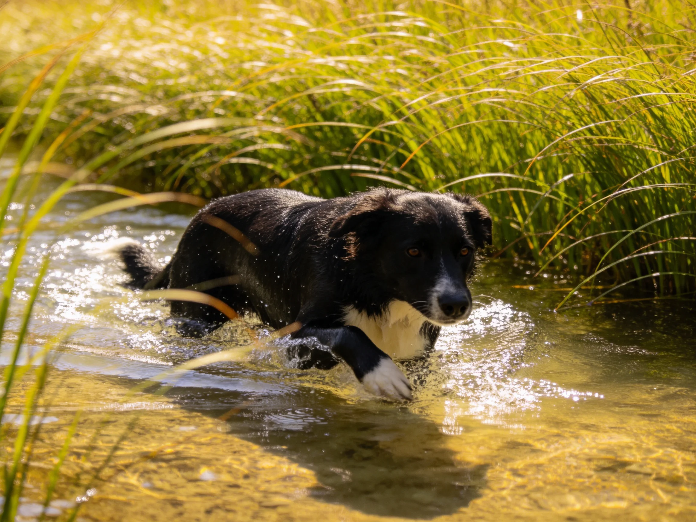 A black and white dog swims through shallow, sunlit water near tall green reeds