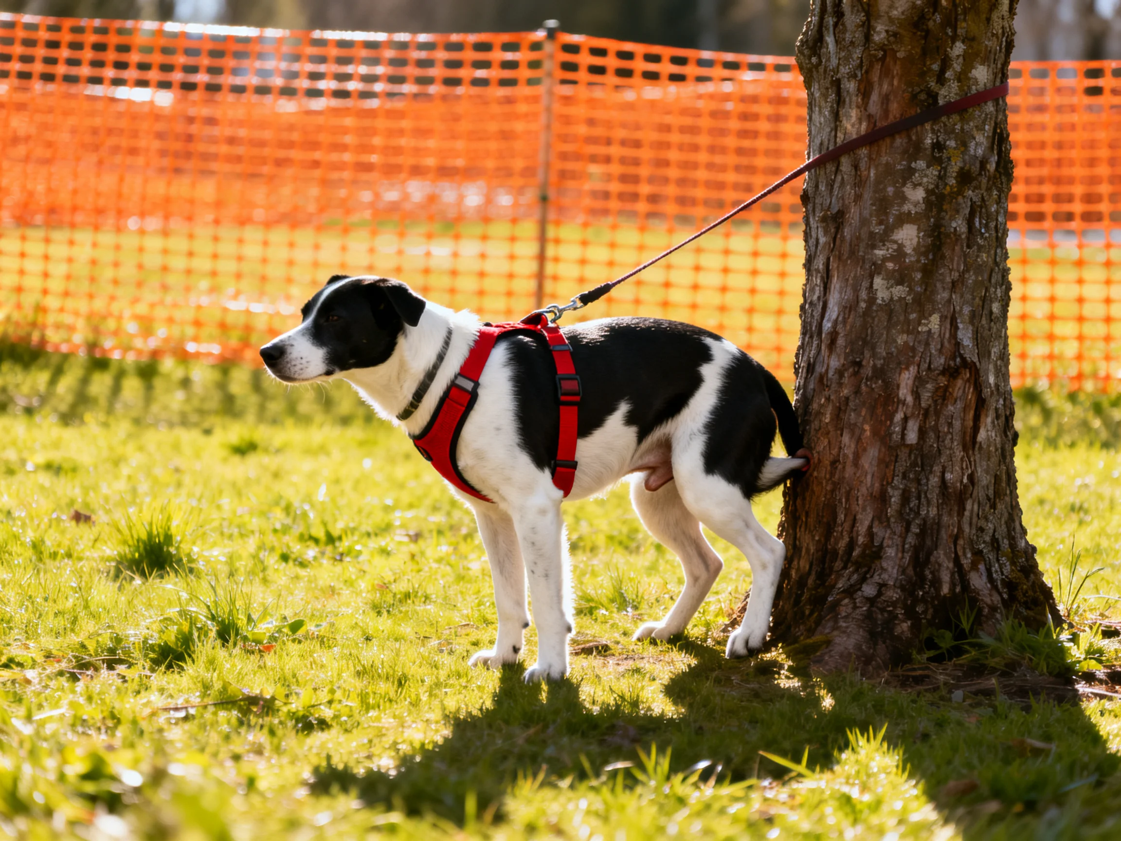 A black-and-white dog urinates beside a tree in a grassy area with an orange fence.