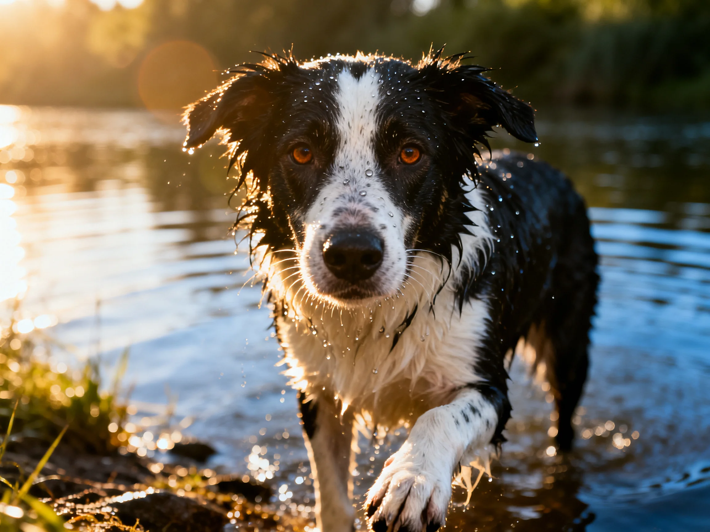 A black and white dog wades through shallow water during a sunlit evening.