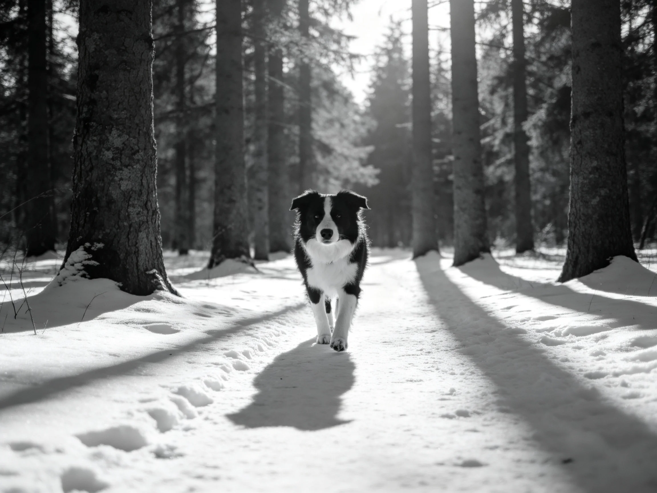 A black-and-white dog walks on a snowy forest path amid tall trees.