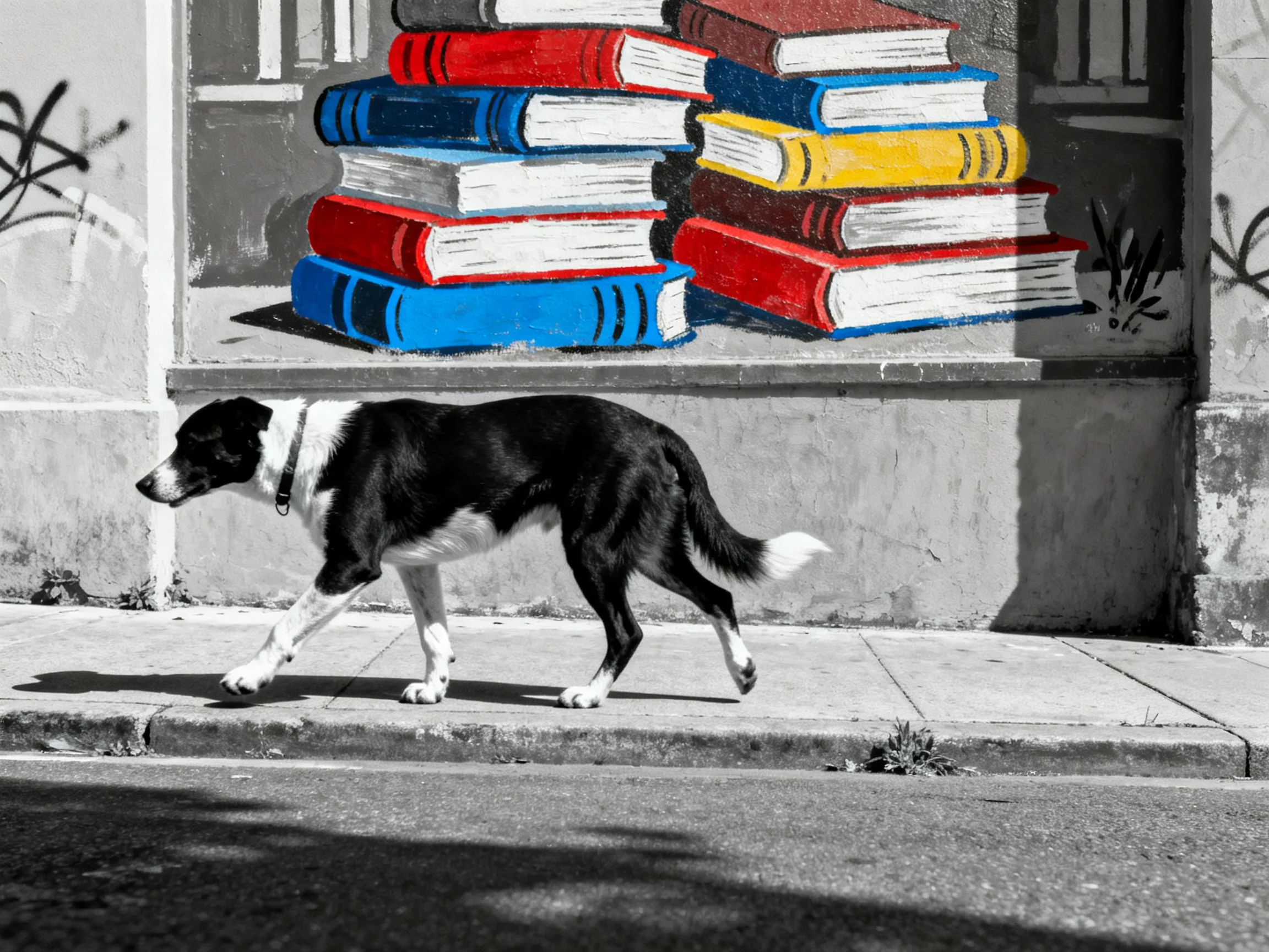 A black-and-white dog walks near vibrant book murals on a gray wall