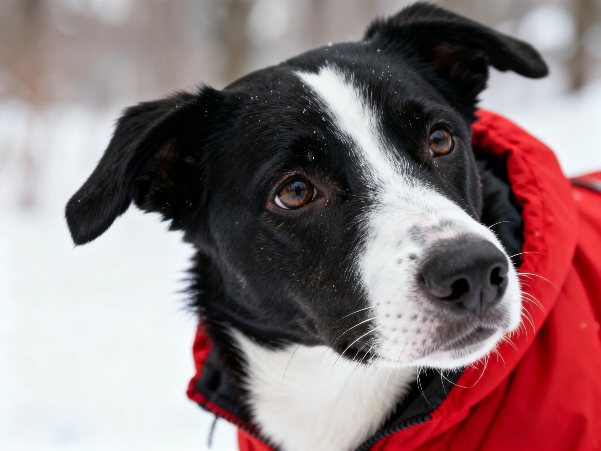 A black and white dog in a red jacket is outdoors amid snow.
