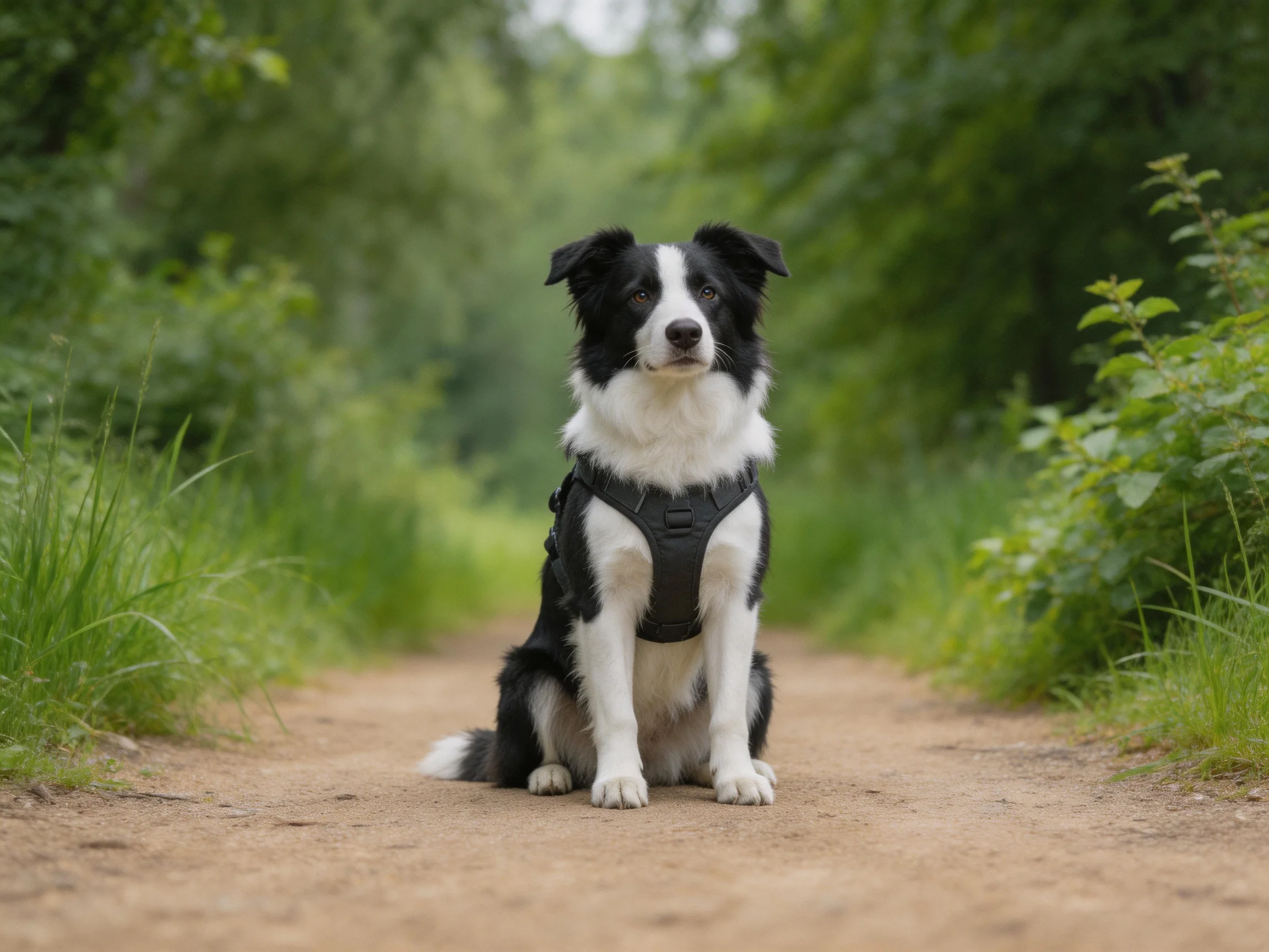 A black and white dog sits calmly on a dirt path surrounded by greenery.
