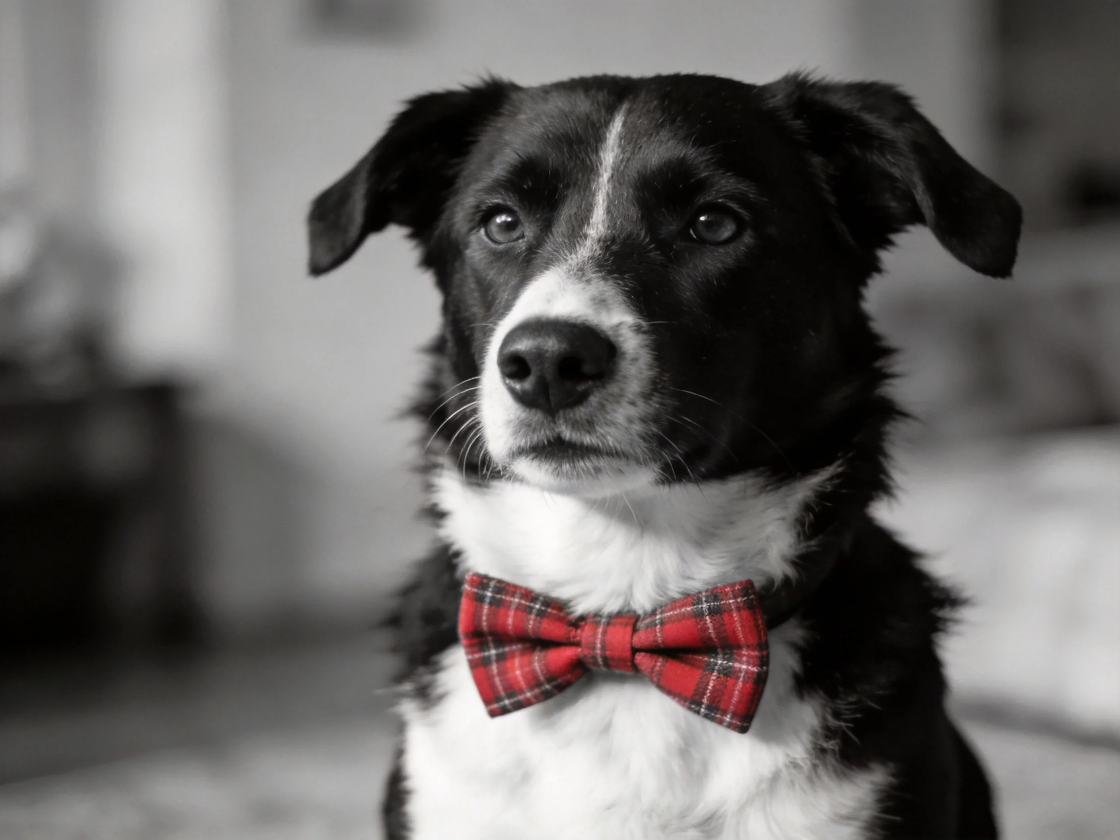 A black and white dog with a red bow tie is photographed indoors.