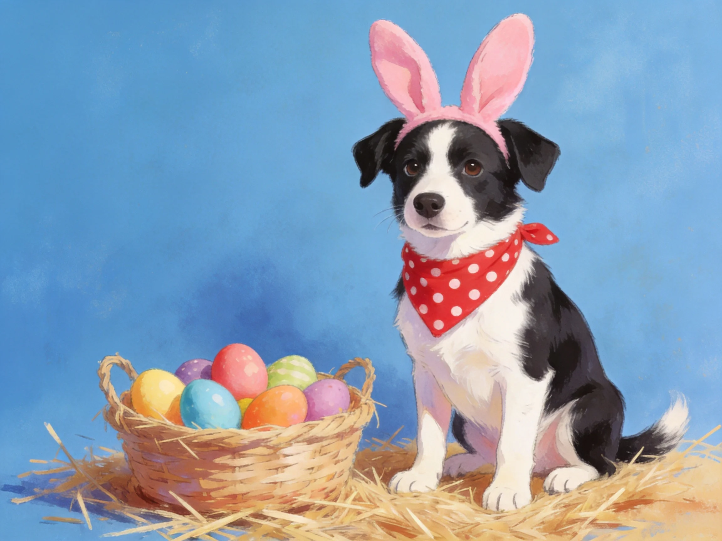 A black-and-white dog wearing bunny ears sits next to Easter eggs.
