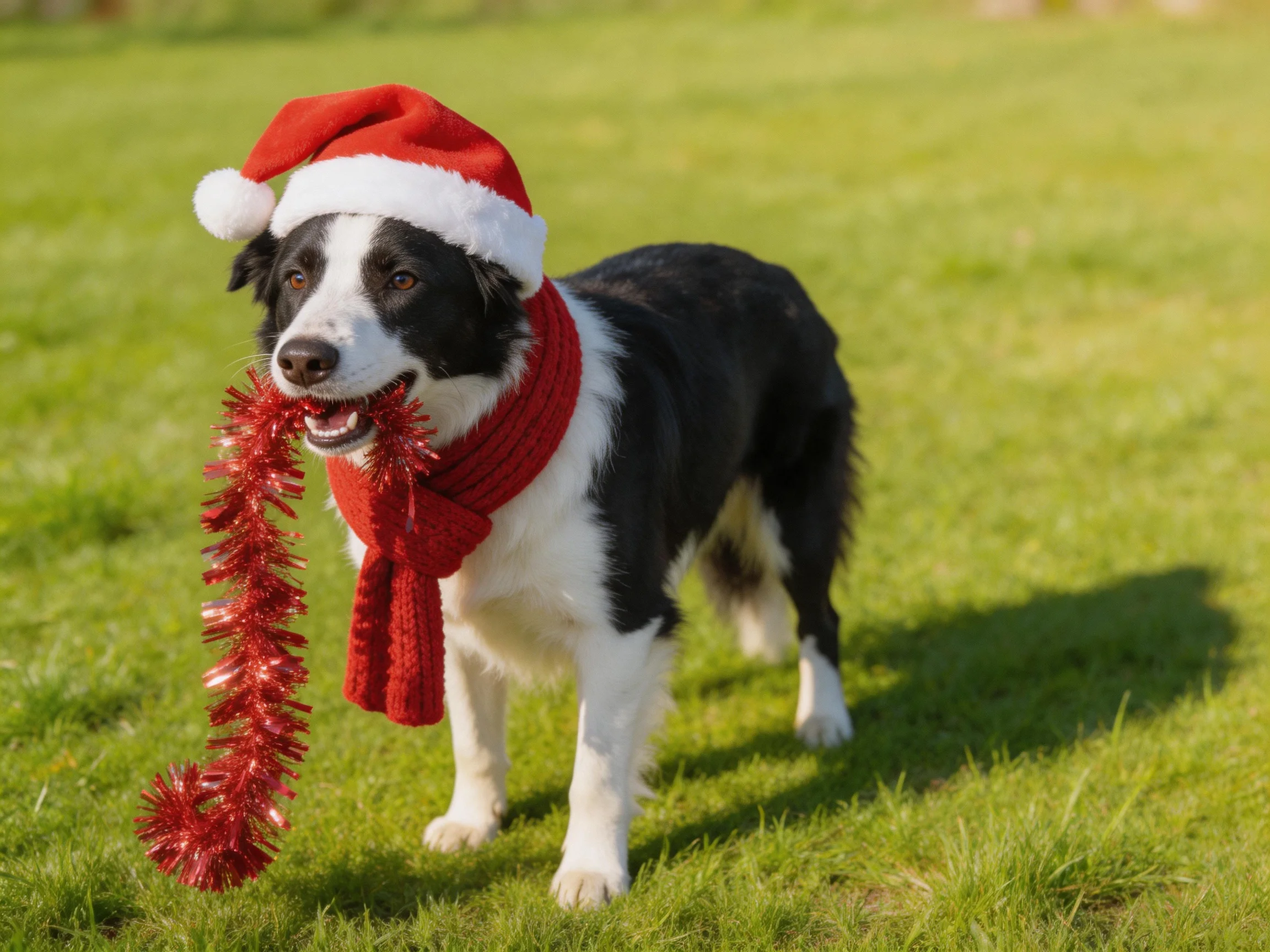 A black and white dog in holiday attire plays with red tinsel outdoors.
