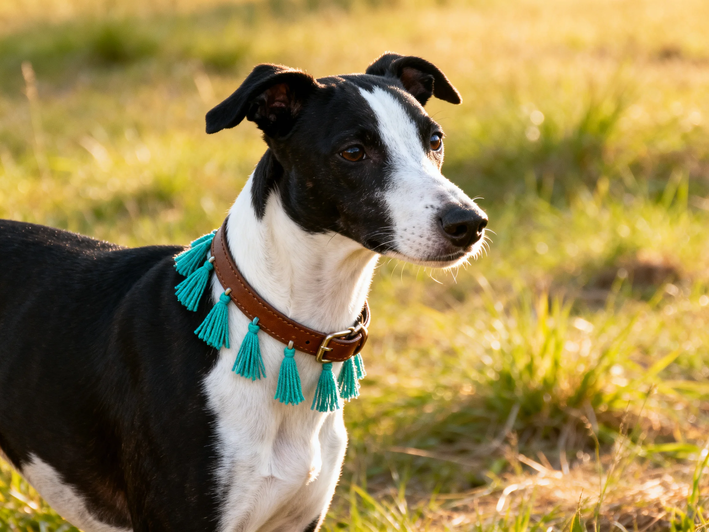A black-and-white dog wears a brown collar with turquoise tassels in a grassy field