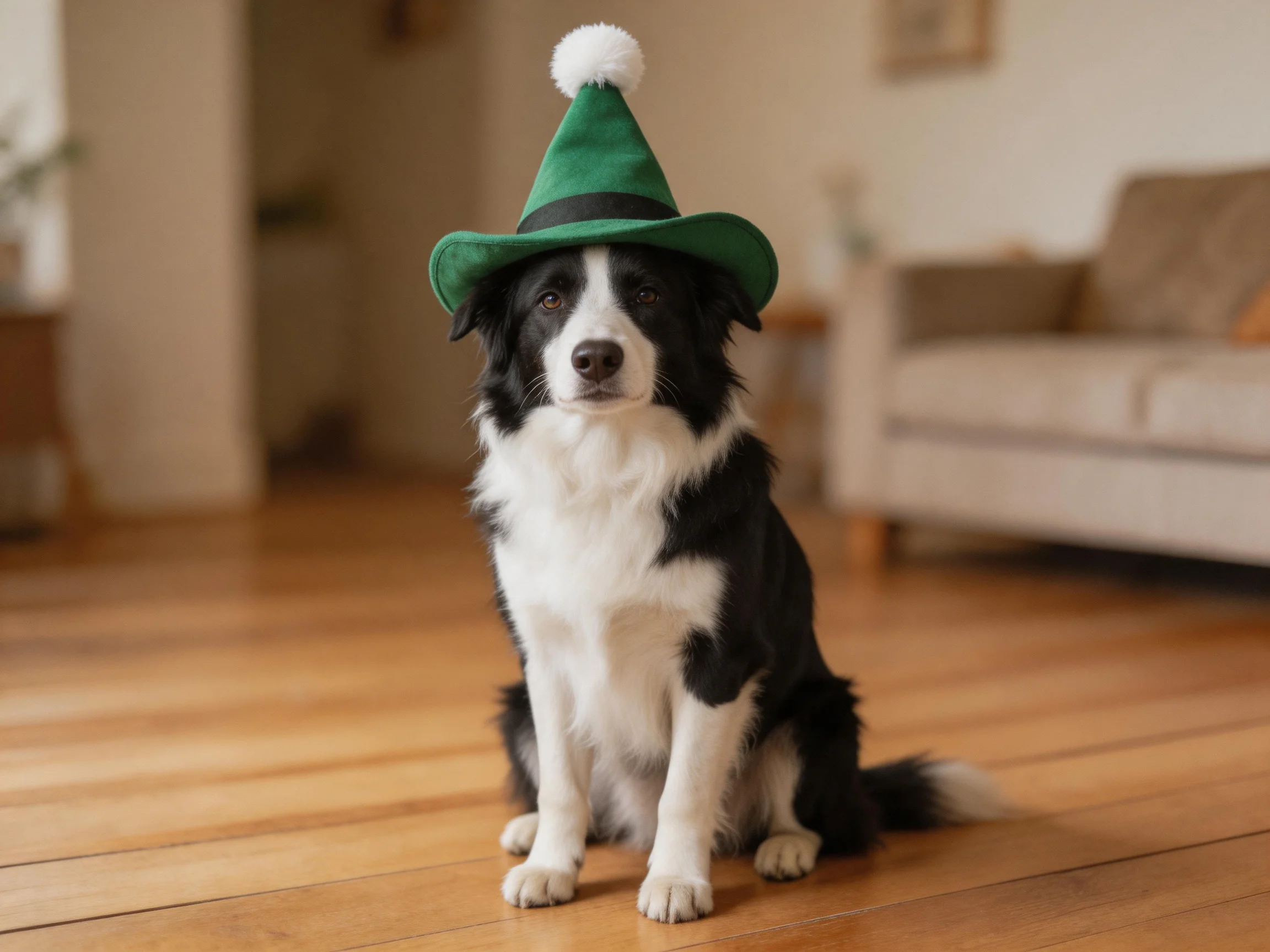 A black and white dog sits calmly indoors wearing a green hat.