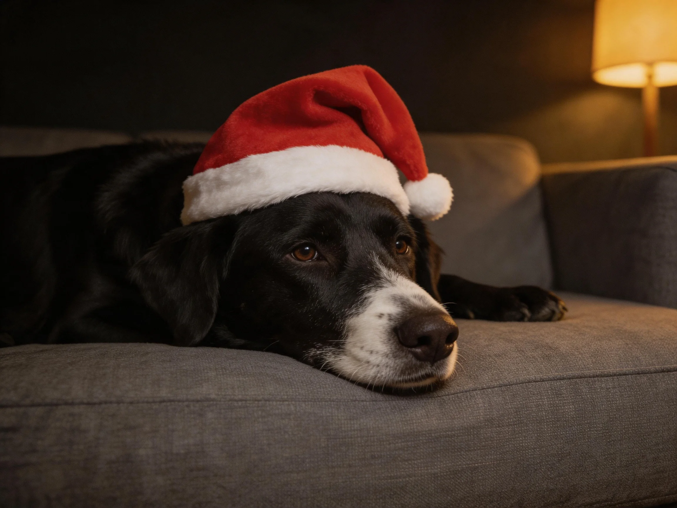 A black and white dog wears a red Santa hat on a gray couch