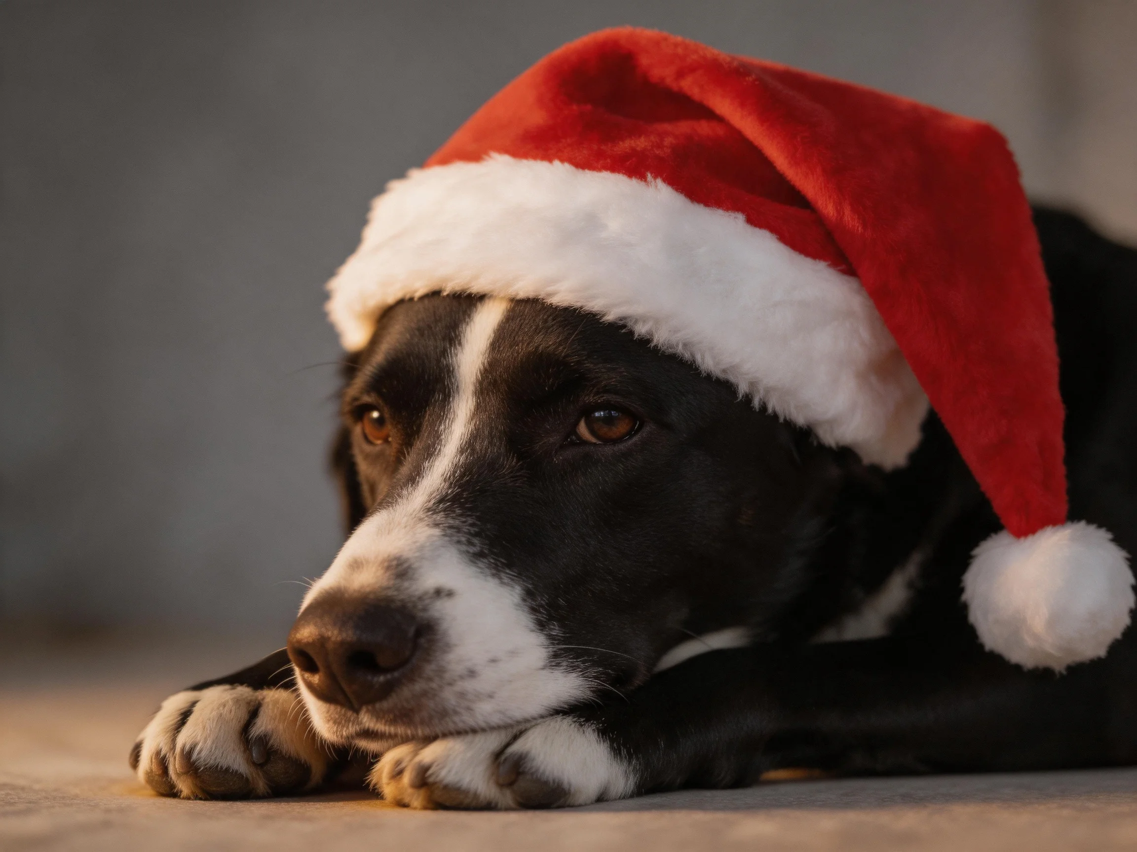 A black and white dog rests while wearing a red Santa hat.