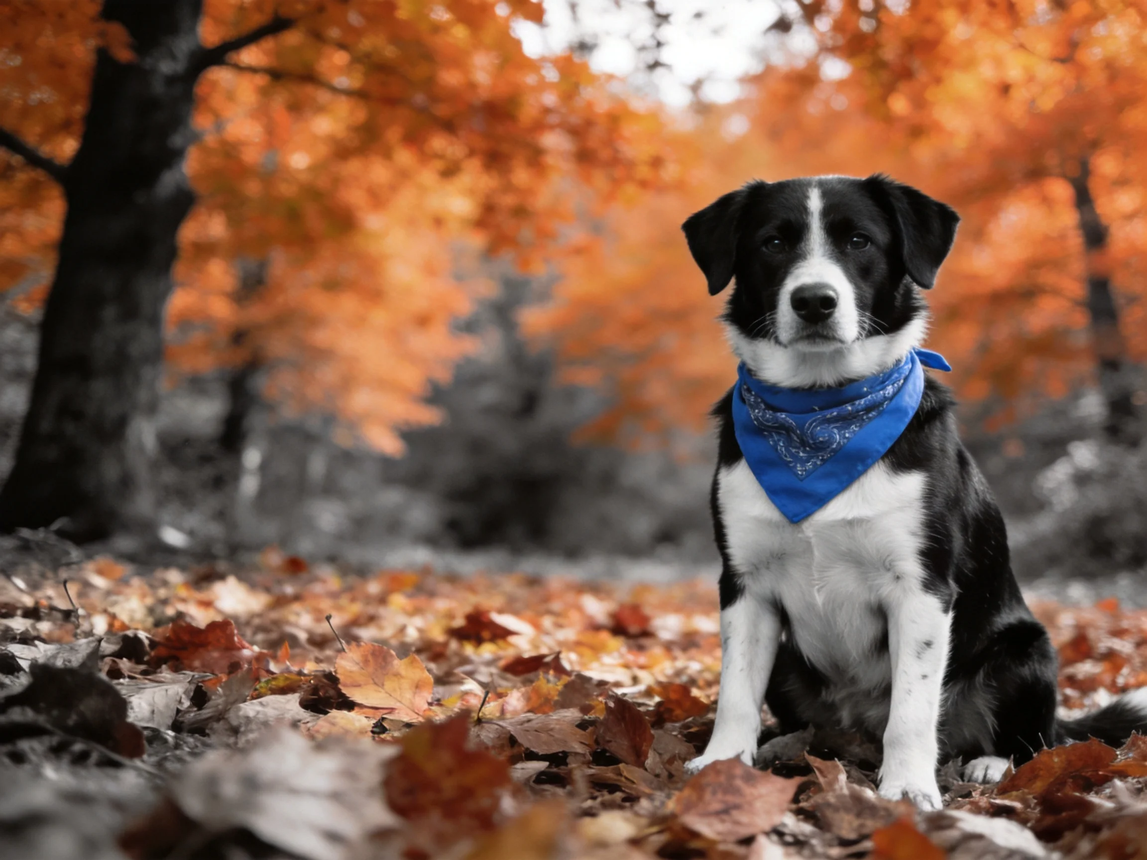 A black-and-white dog with a blue bandana sits amid scattered autumn leaves.