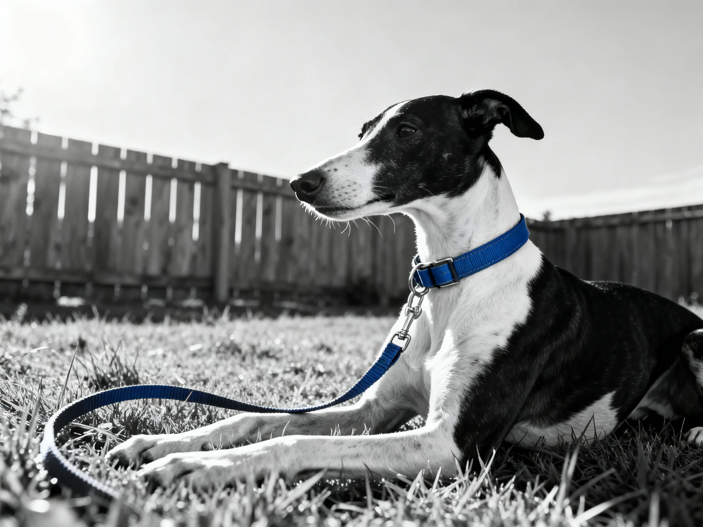 A black-and-white dog with a blue collar relaxes on grass near a wooden fence.