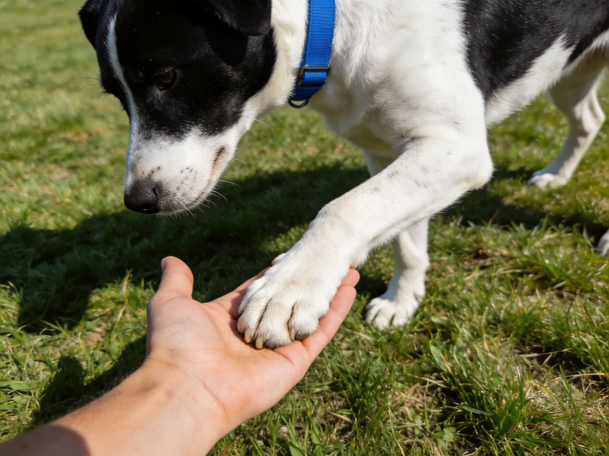 A dog shakes its paw with a human hand in a grassy area.