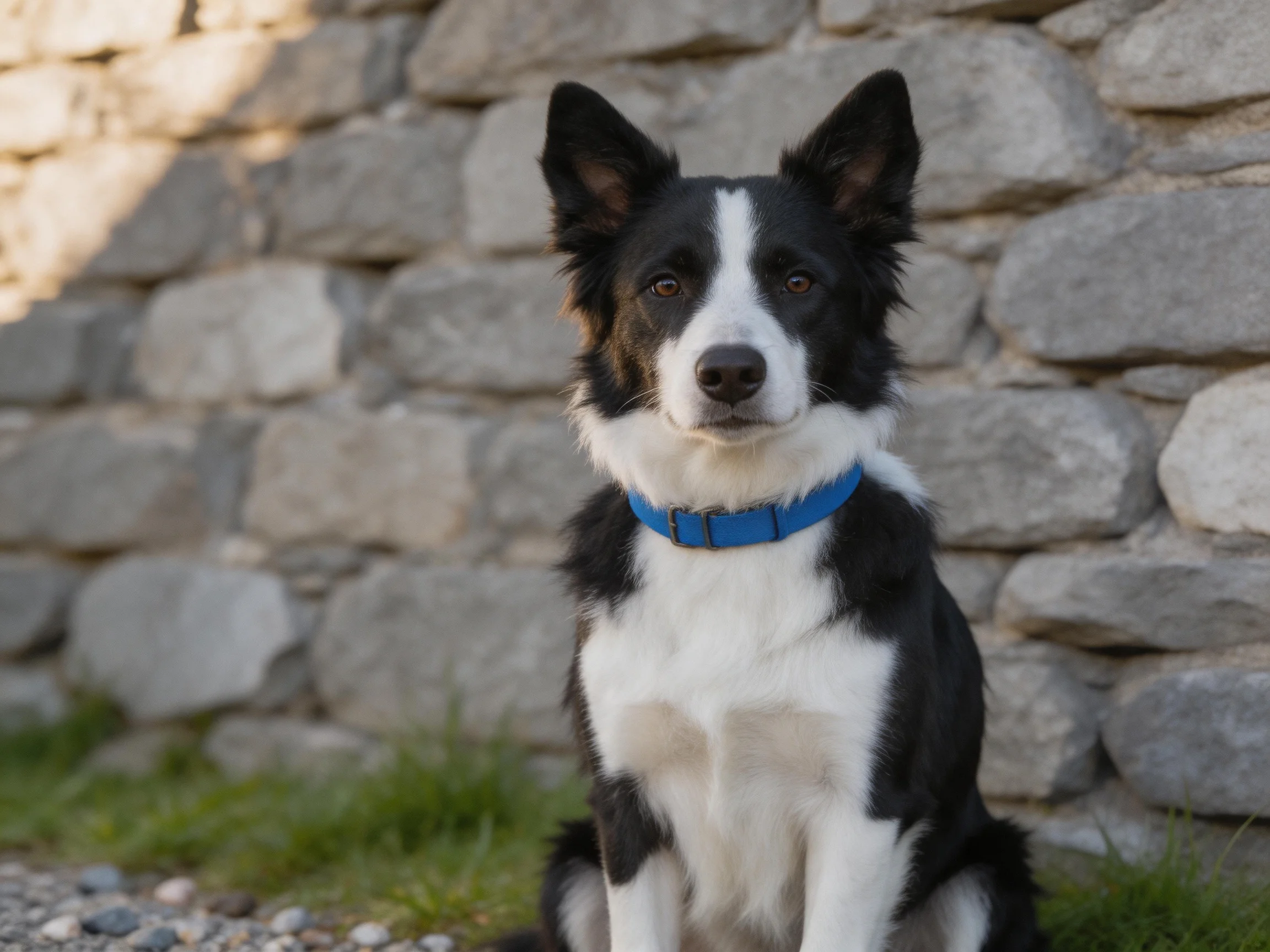 A black and white dog wearing a blue collar sits near a stone wall.