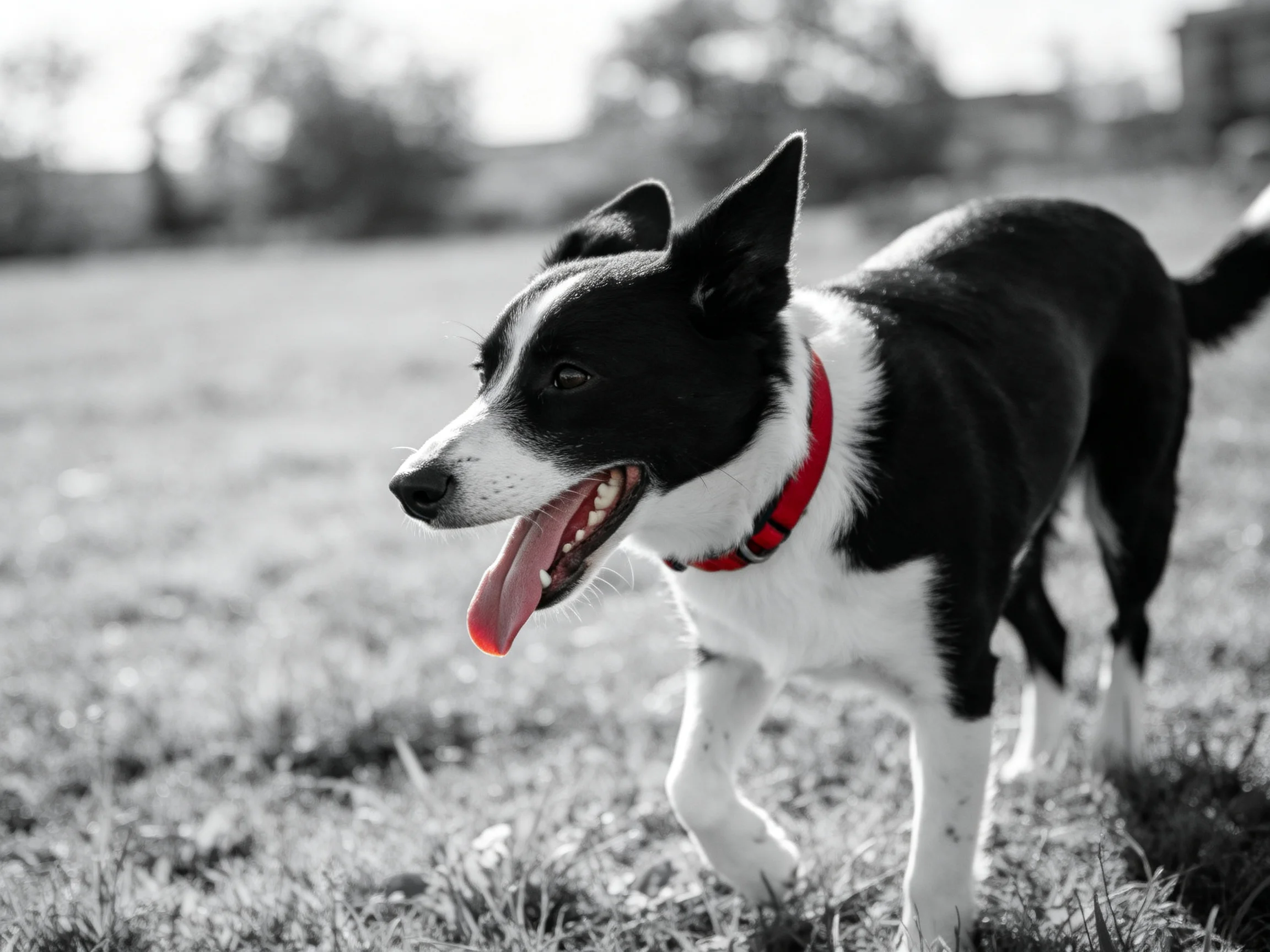 A black-and-white dog with a bright red collar explores a grassy field