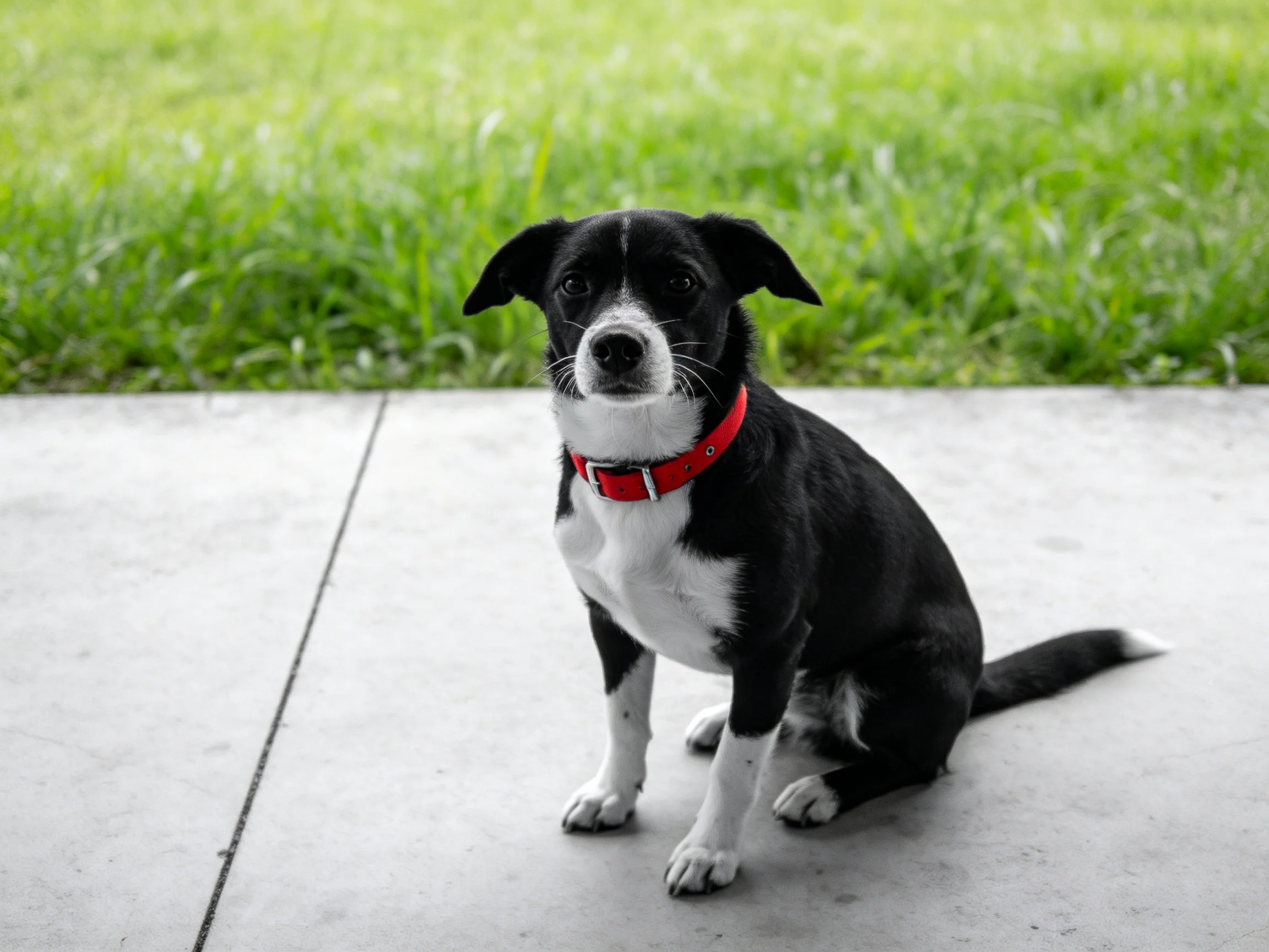 A black and white dog with a red collar sits on concrete near green grass