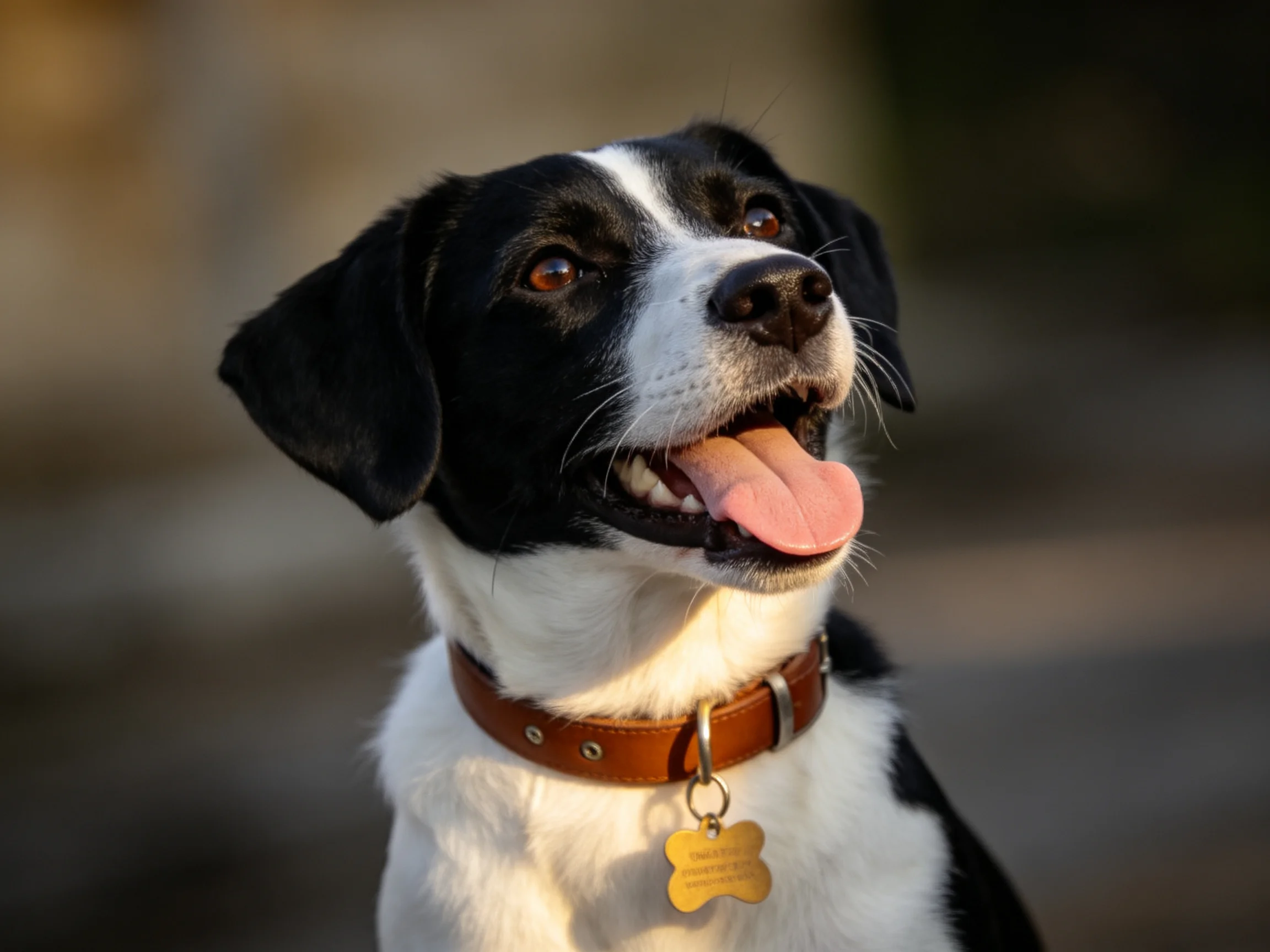 A black and white dog with an open mouth stands outdoors