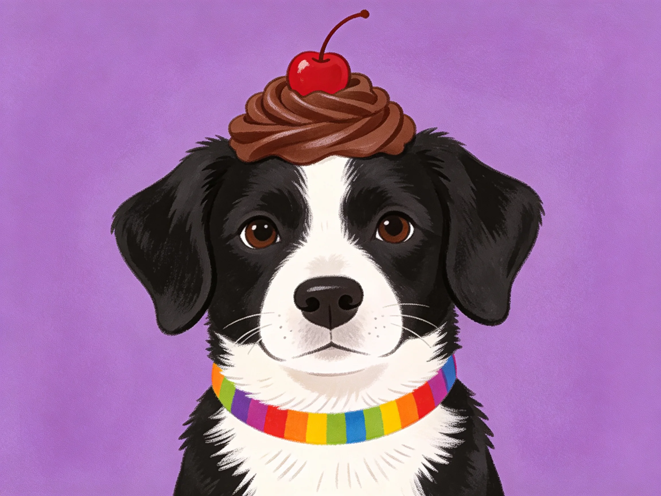 A black and white dog sports a rainbow collar and has a chocolate cupcake with cherry on its head.
