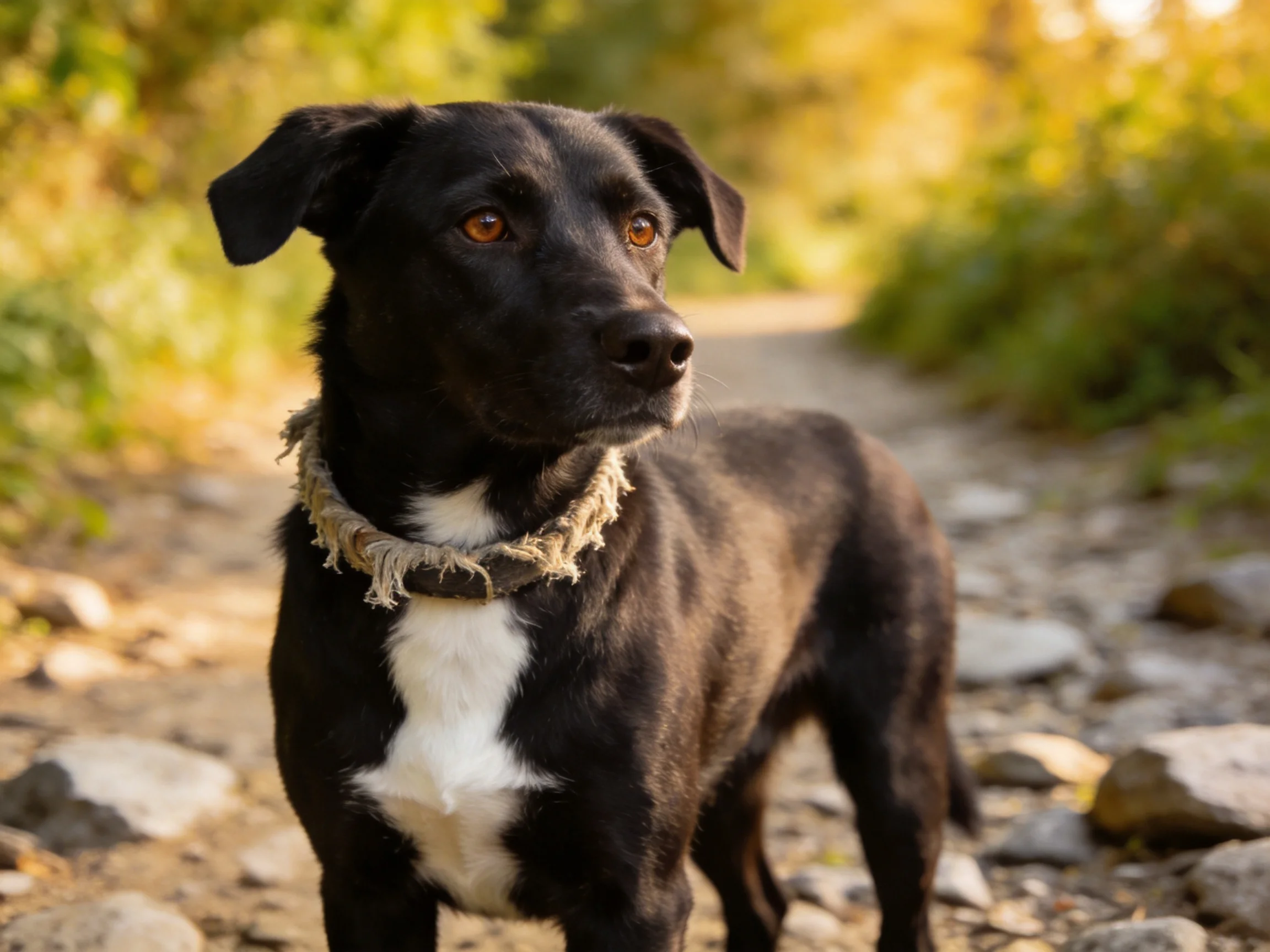 A black and white dog with a frayed rope collar stands on a rocky path.