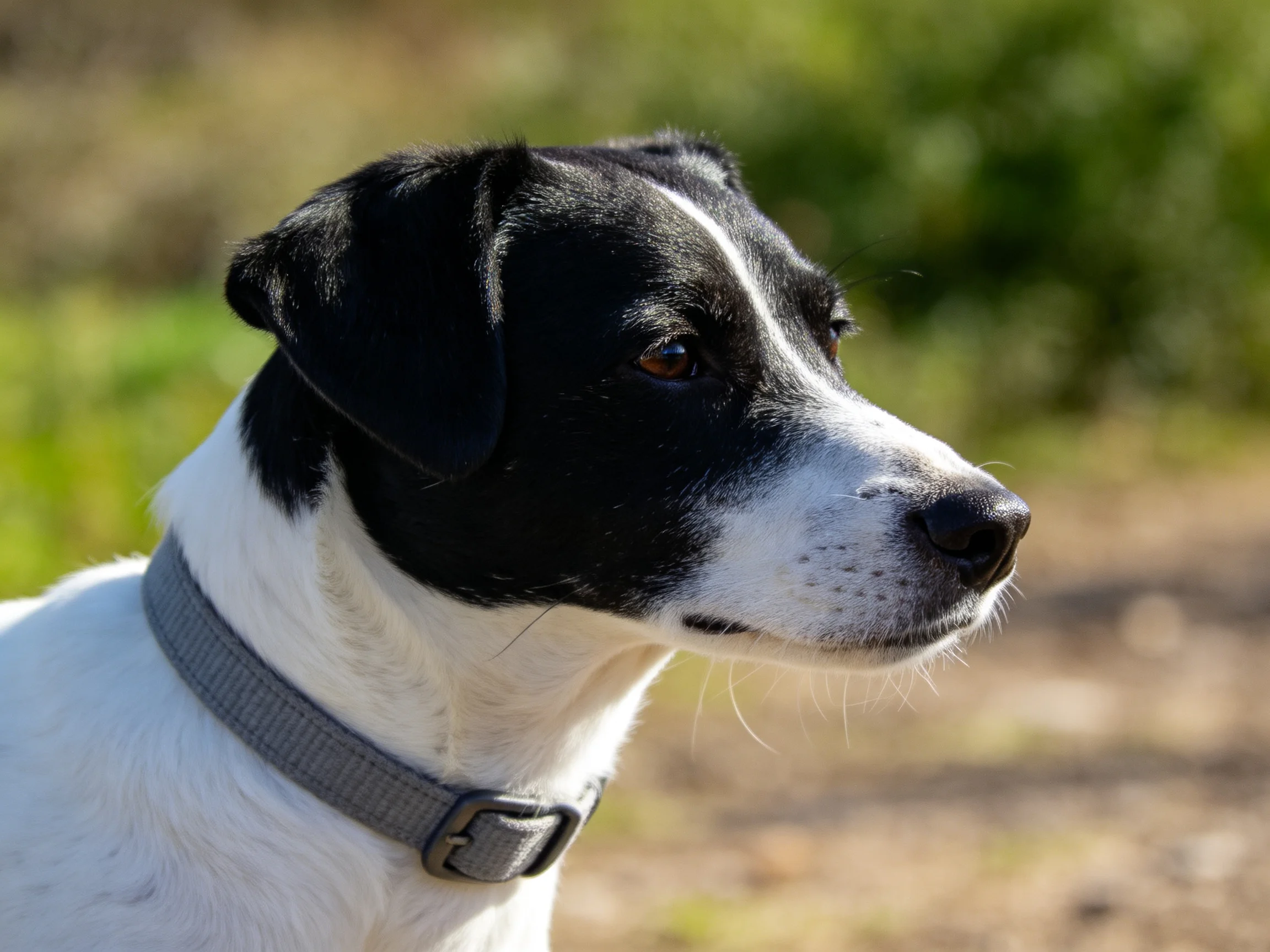 A black-and-white dog wearing a gray collar is shown outdoors.