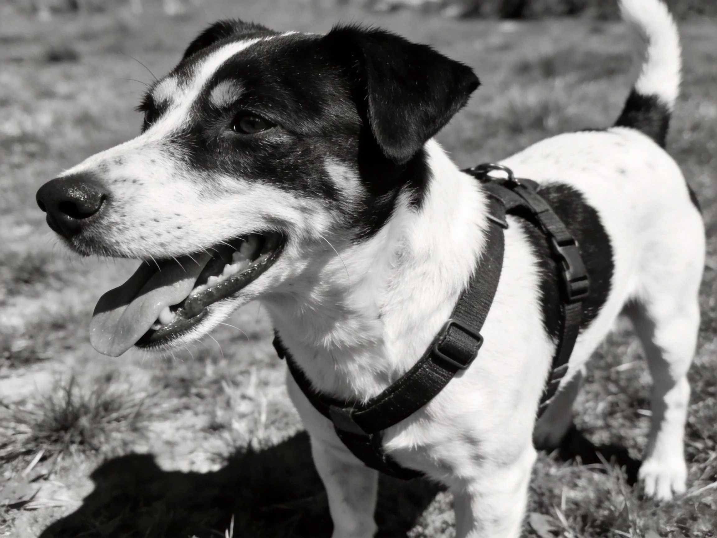A black-and-white dog with a harness stands on grassy terrain