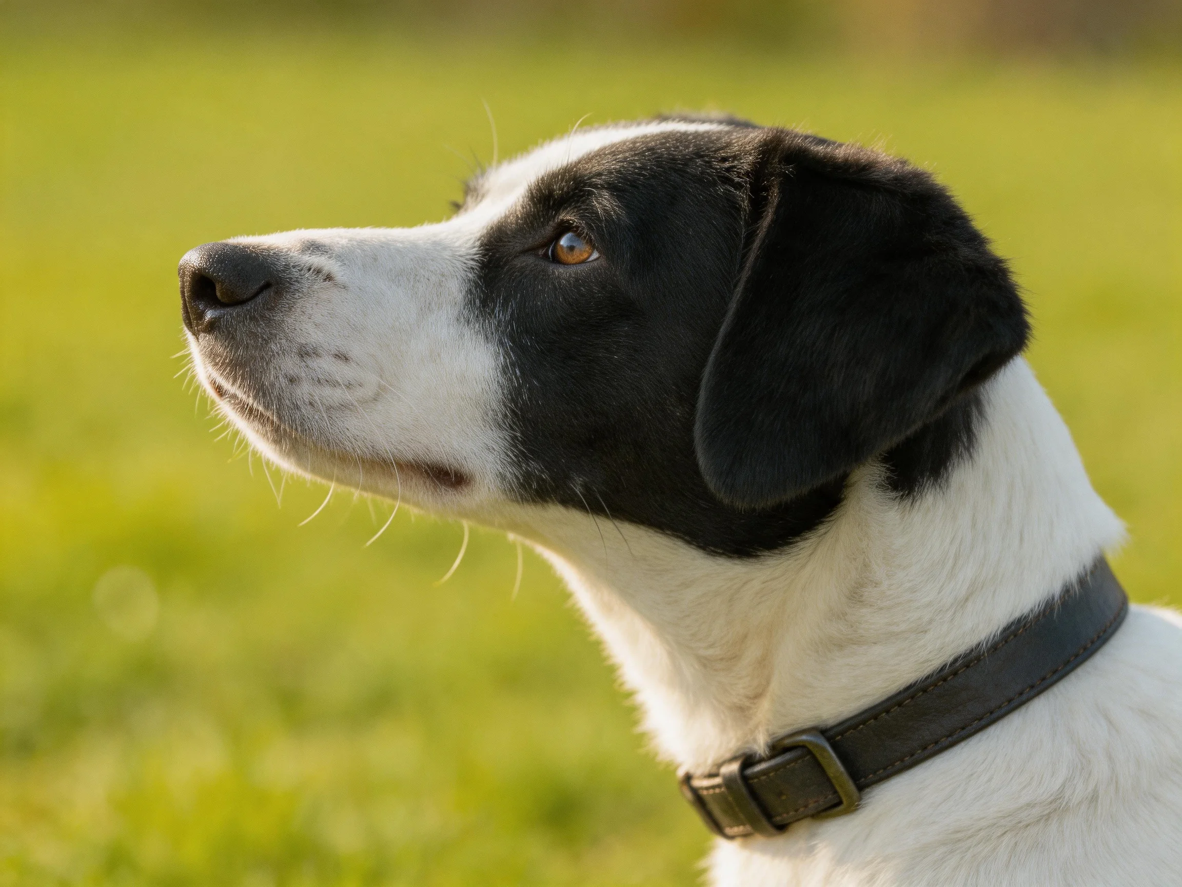 A black-and-white dog looks attentively at something off-camera near a green field.