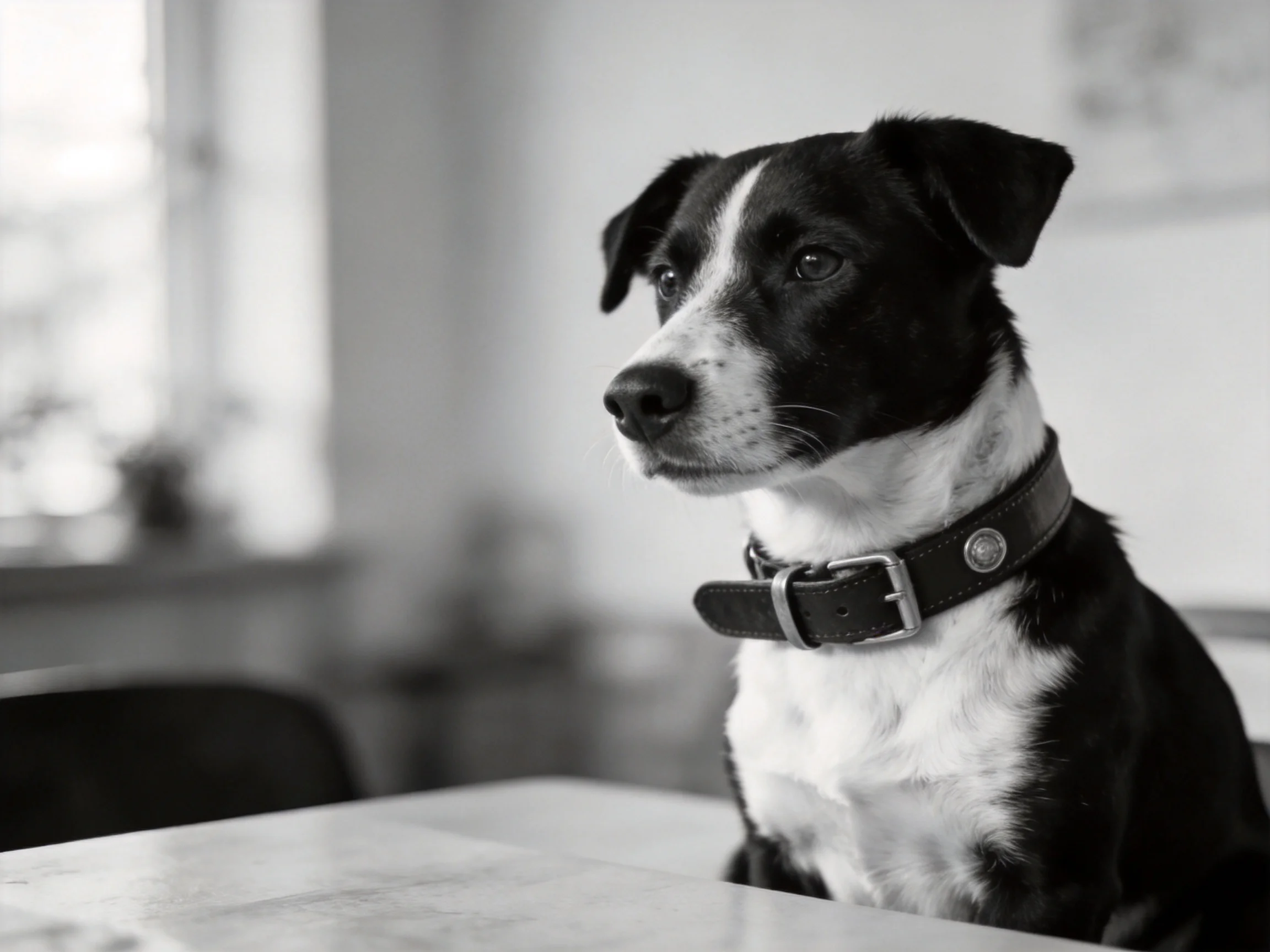 A black and white dog with a leather collar sits near a table indoors.