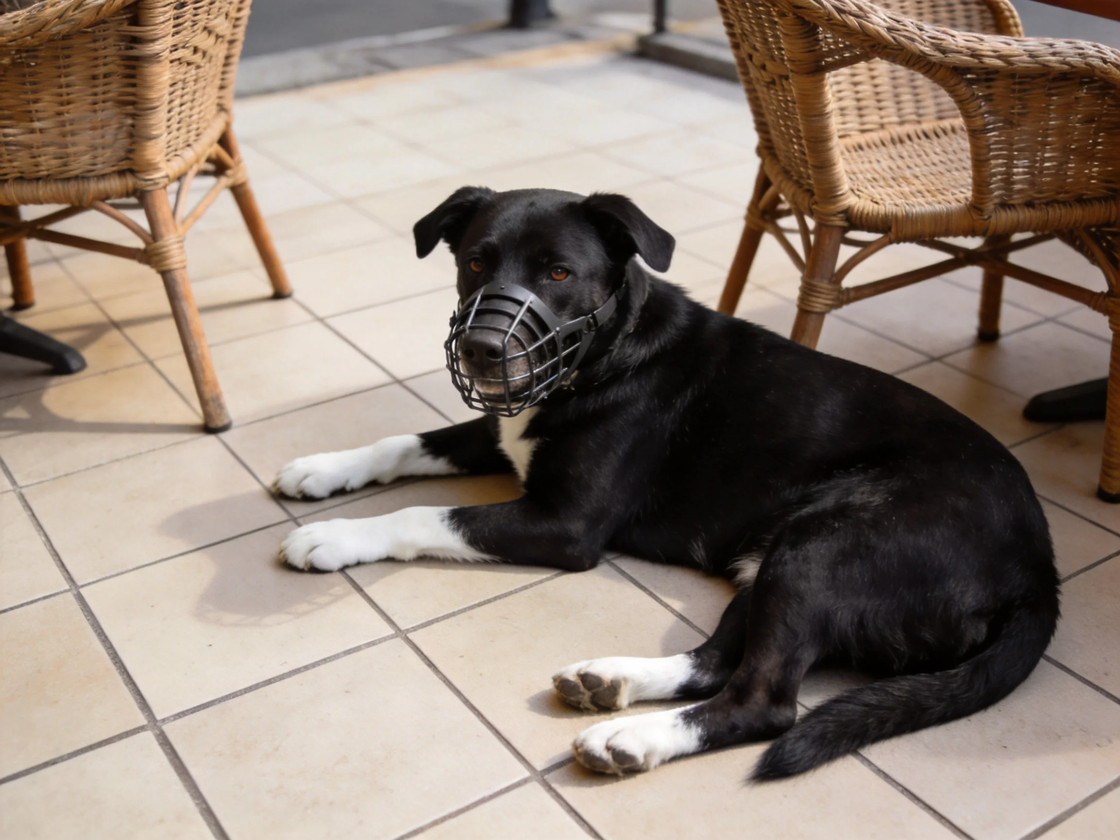 A black and white dog with a muzzle rests on tiled patio near wicker chairs