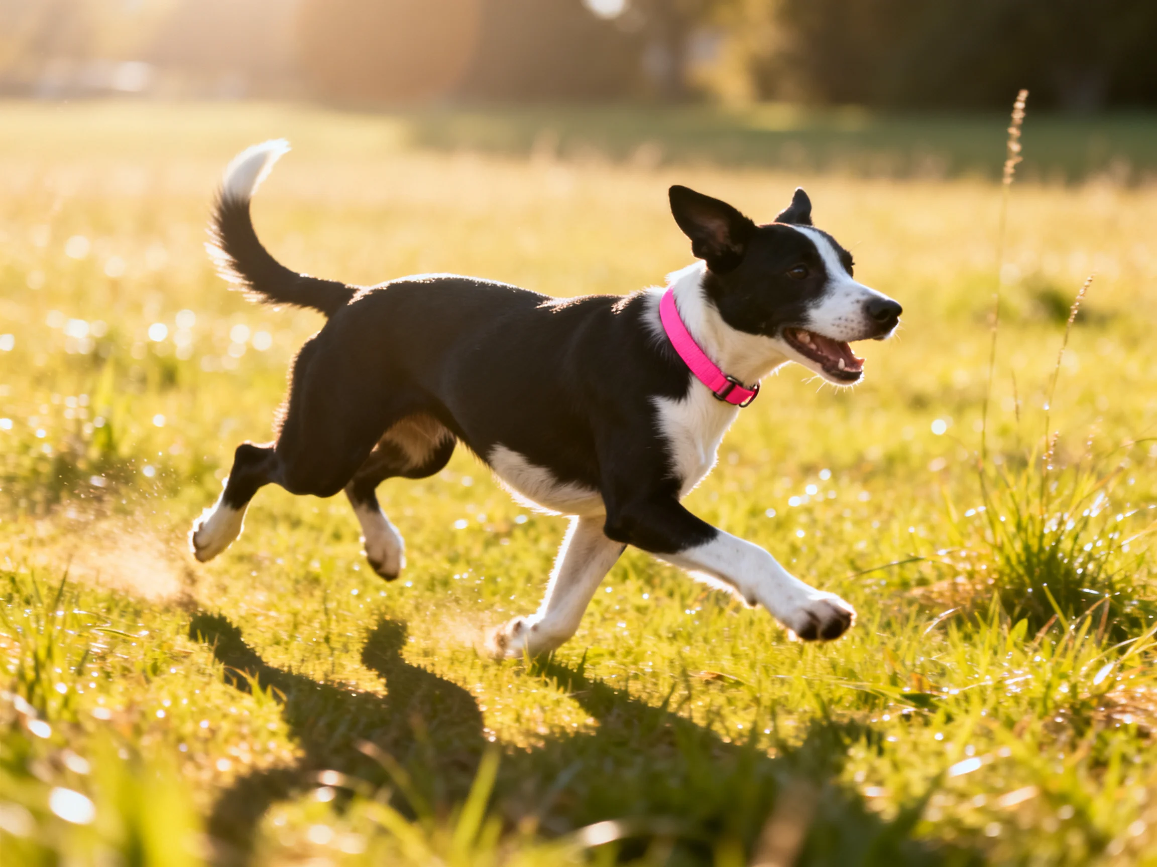 A black and white dog with a pink collar runs joyfully in a sunlit field.