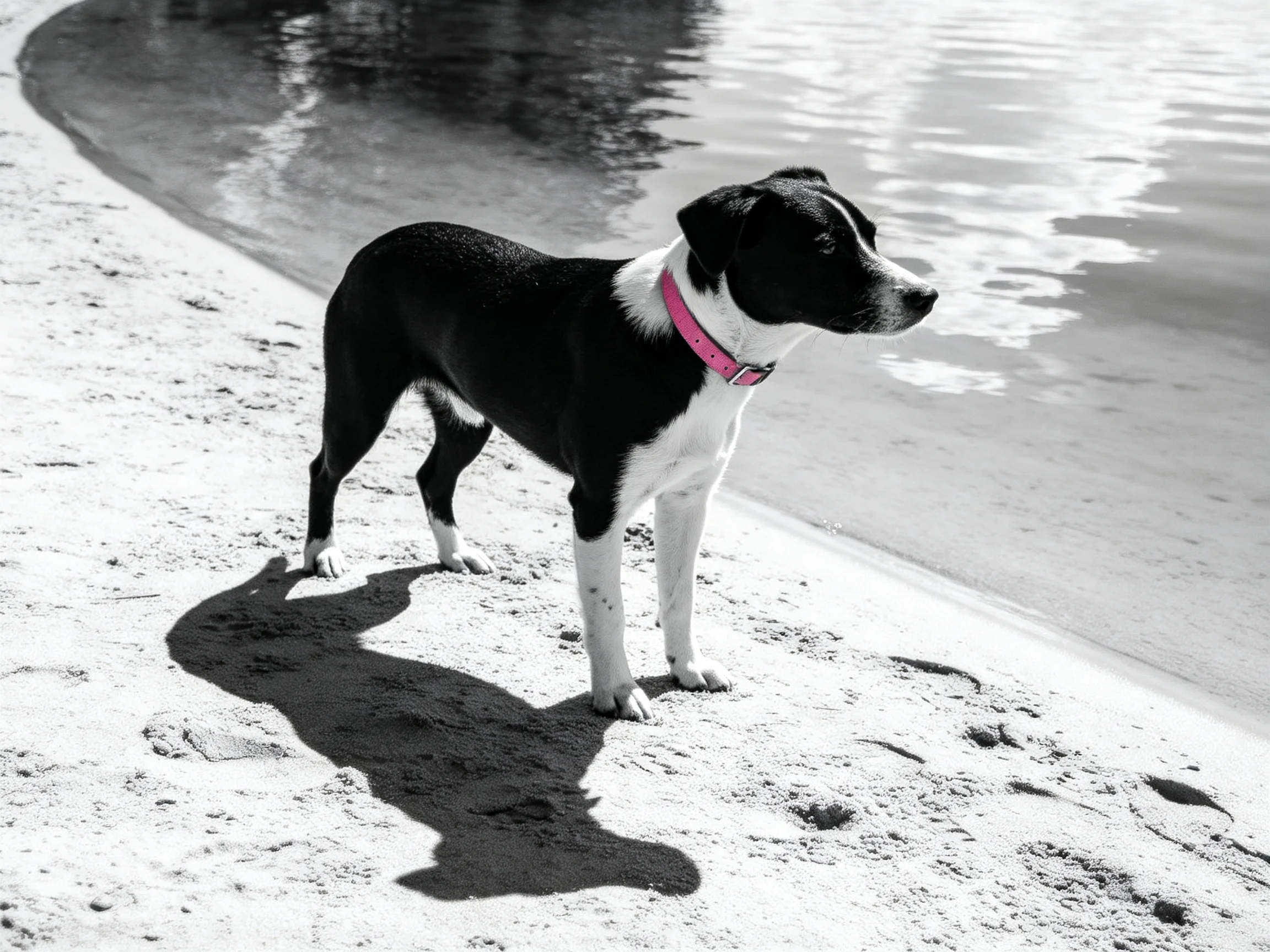A black and white dog with a pink collar stands on a sandy shore by calm water