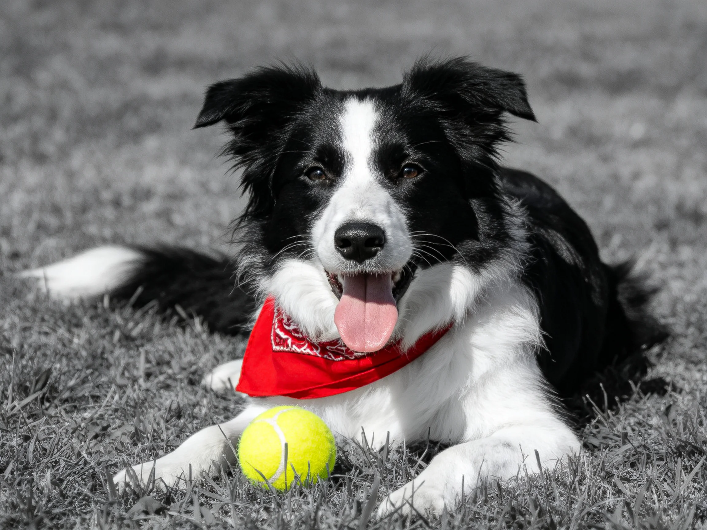 A black and white dog with a red bandana relaxes beside a yellow tennis ball on grass