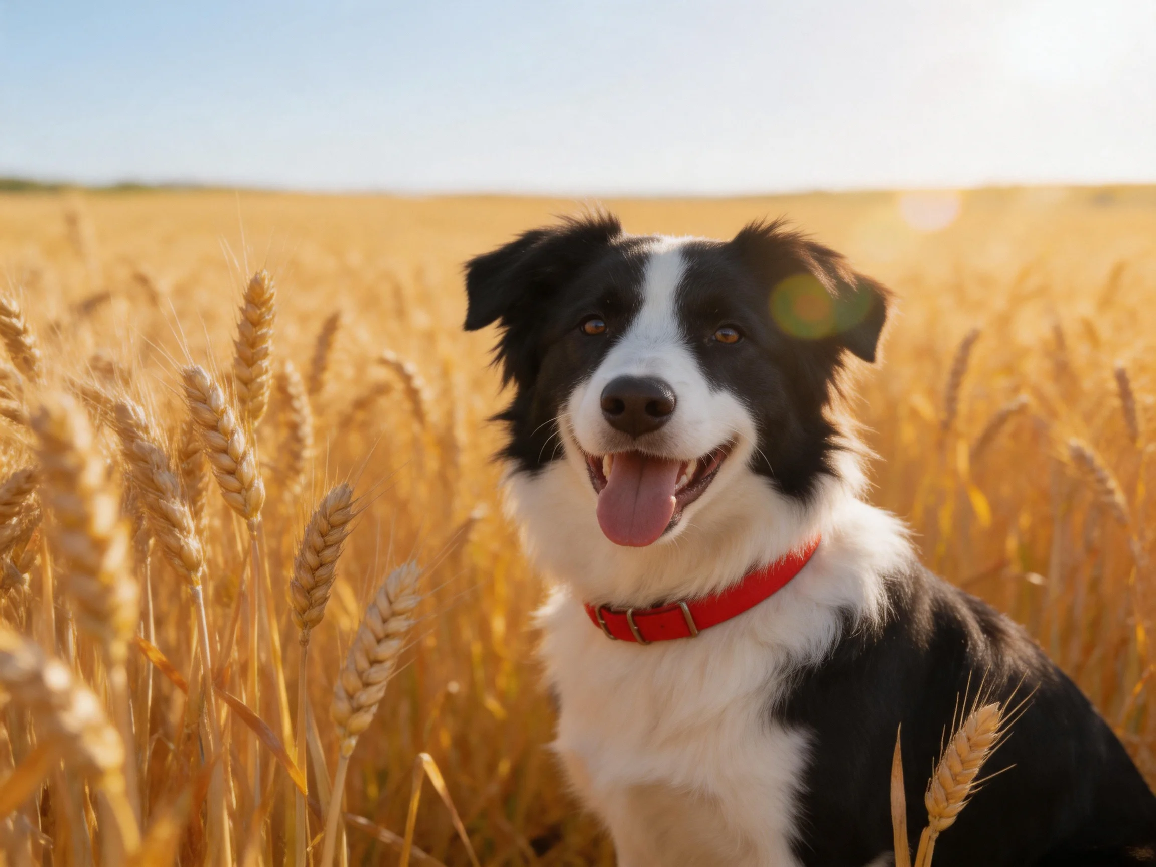 A black-and-white dog enjoys a sunny day in a golden wheat field.